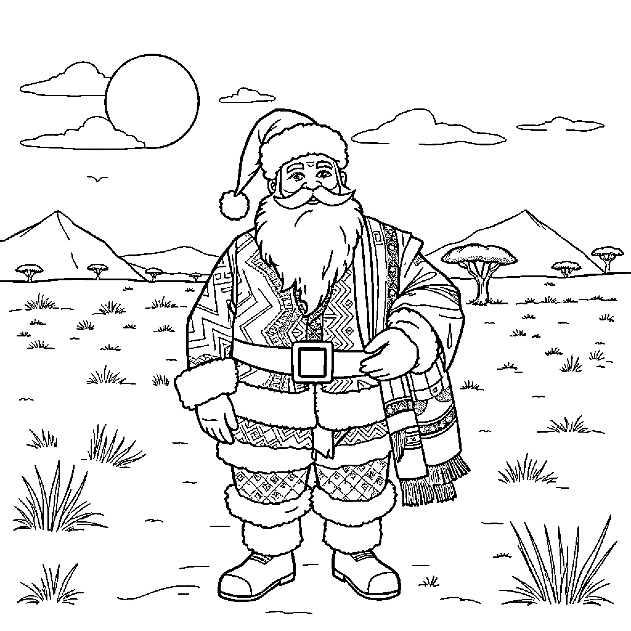 Santa Claus in Festive Attire in Snowy Landscape Coloring Page (free black-and-white line drawing printable PDF for all, from beginners to advanced learners, including children, teens, adults, and seniors)