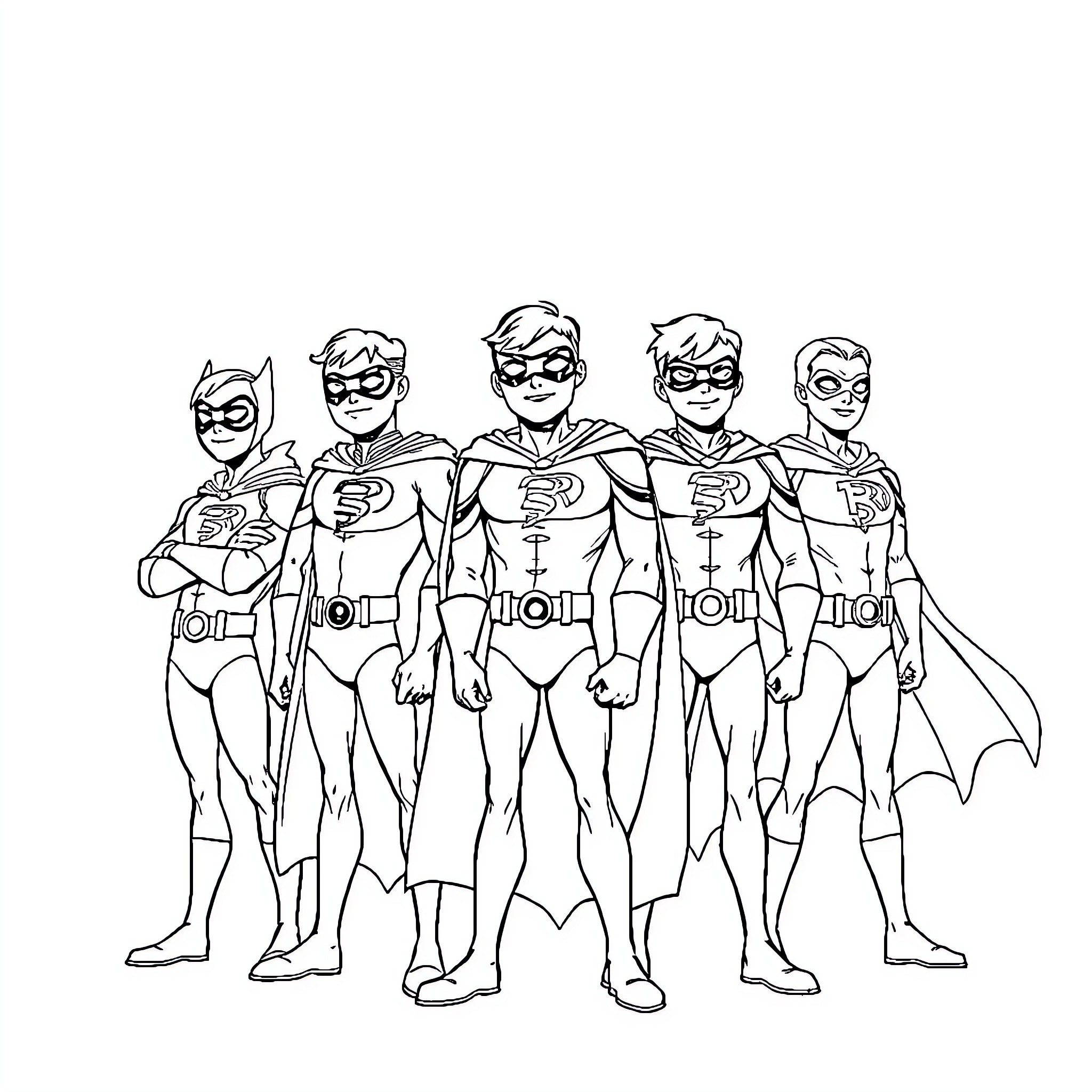 Robin and teammates in superhero costumes Coloring Page (free black-and-white line drawing printable PDF for all, from beginners to advanced learners, including children, teens, adults, and seniors)