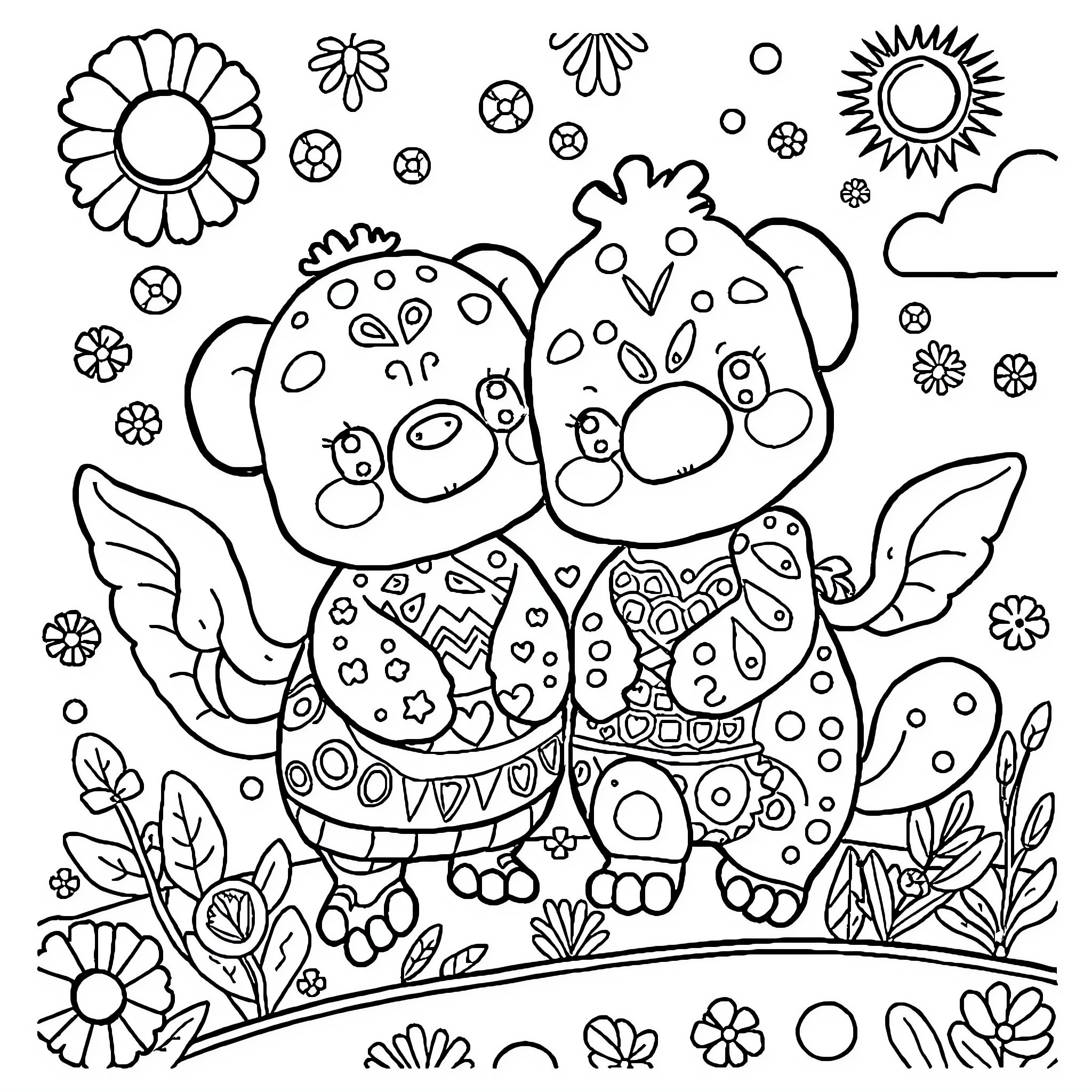 Labubu's Playful Garden Adventure Coloring Page (free black-and-white line drawing printable PDF for all, from beginners to advanced learners, including children, teens, adults, and seniors)