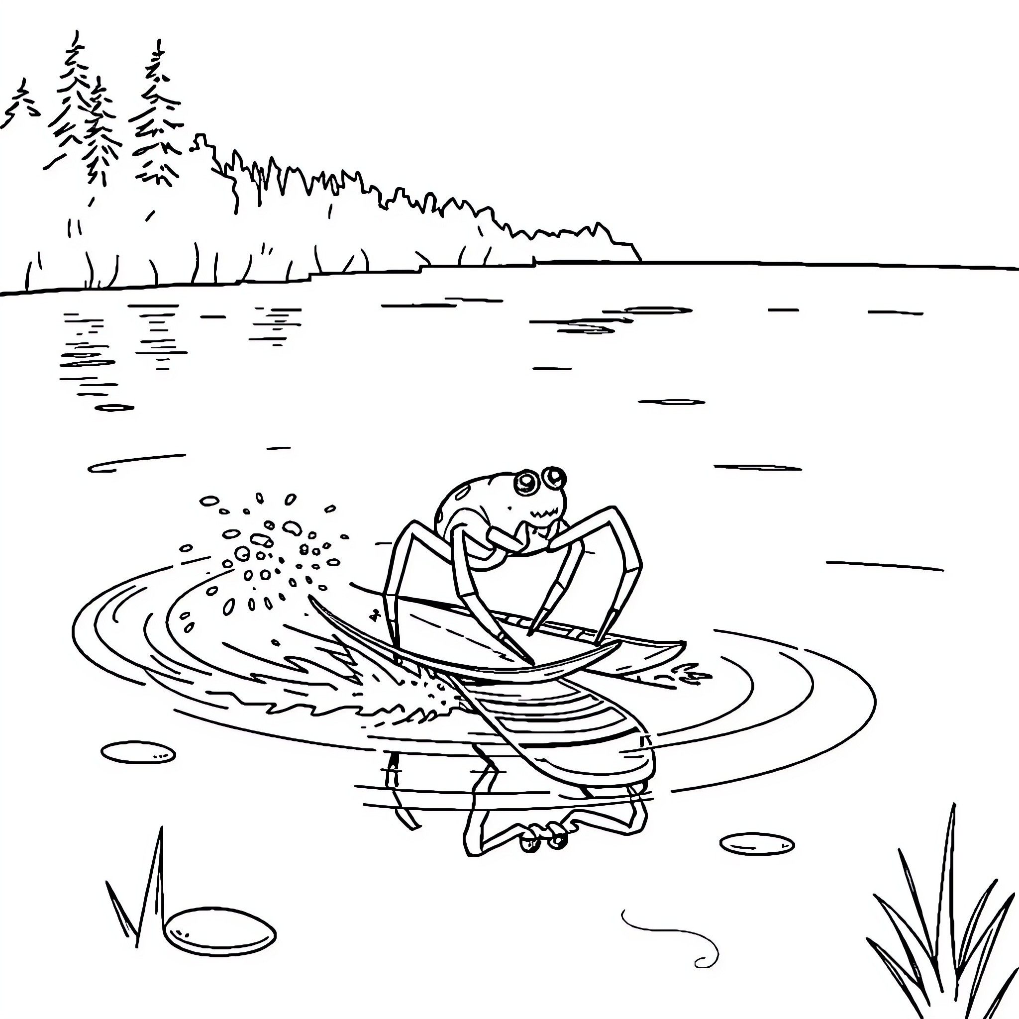 Spider riding a boat on the lake Coloring Page (free black-and-white line drawing printable PDF for all, from beginners to advanced learners, including children, teens, adults, and seniors)