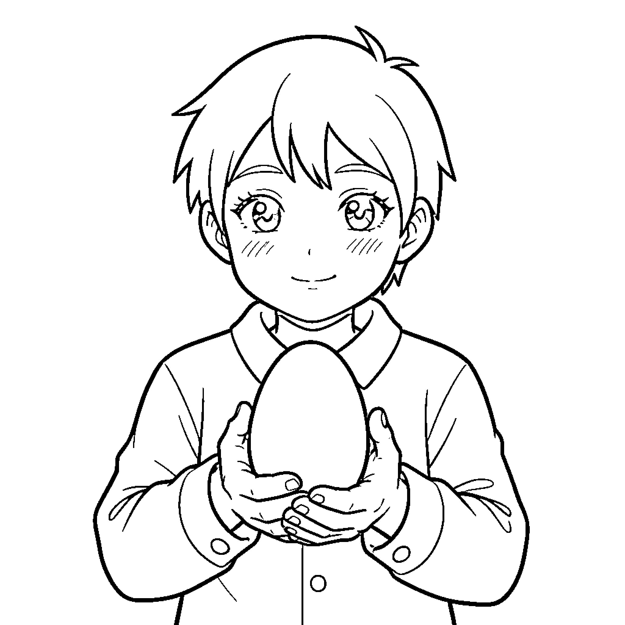Yoshin boy holding a mysterious object Coloring Page (free black-and-white line drawing printable PDF for all, from beginners to advanced learners, including children, teens, adults, and seniors)