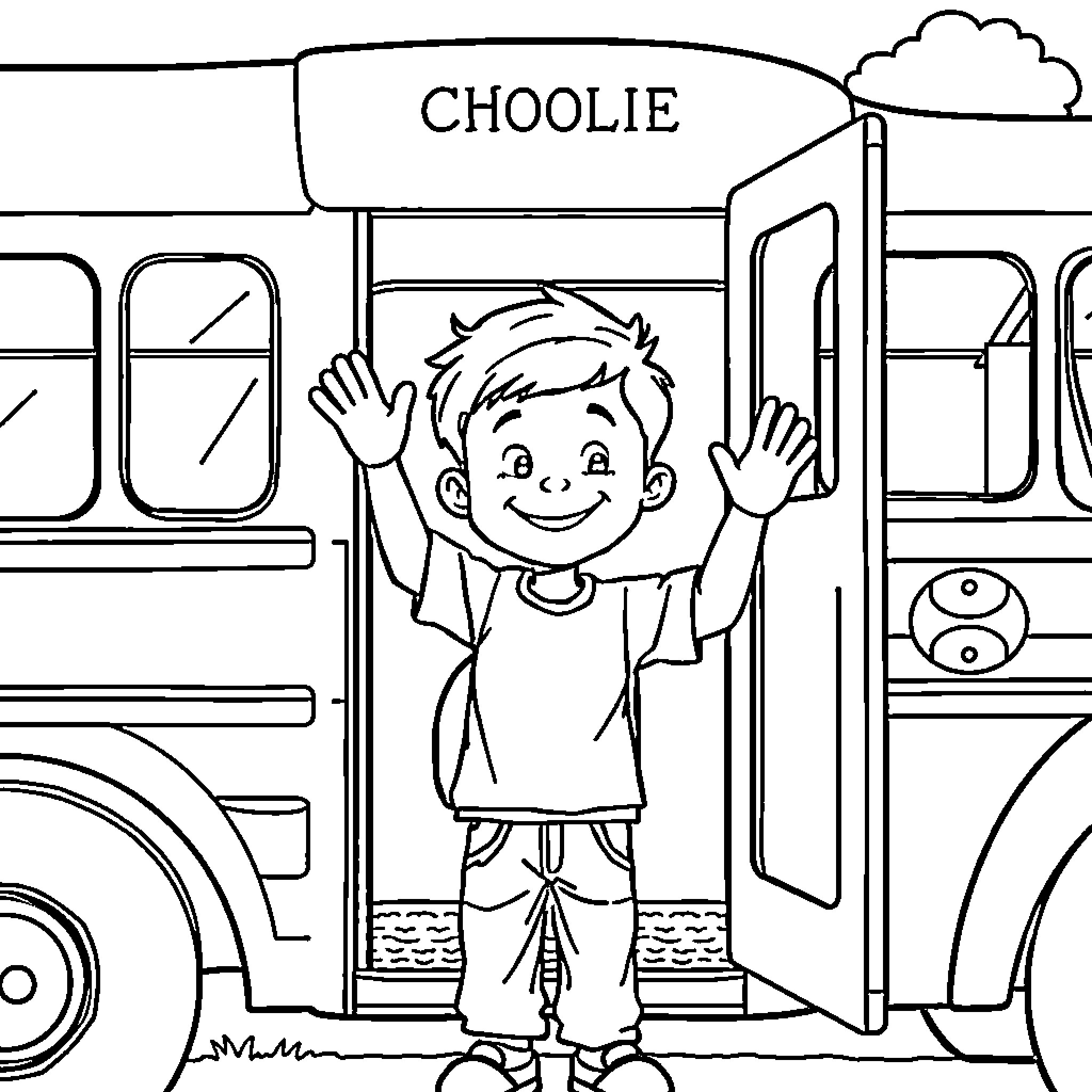 Boy waving goodbye from school bus Coloring Page (free black-and-white line drawing printable PDF for all, from beginners to advanced learners, including children, teens, adults, and seniors)