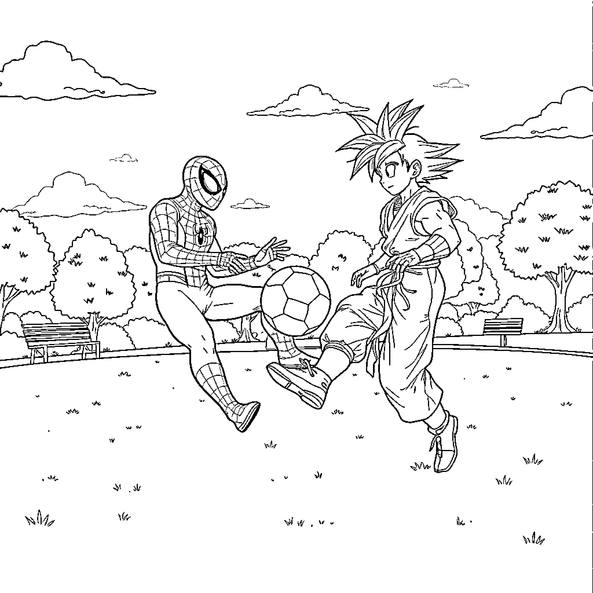 Spiderman and Goku playing soccer in the park Coloring Page (free black-and-white line drawing printable PDF for all, from beginners to advanced learners, including children, teens, adults, and seniors)