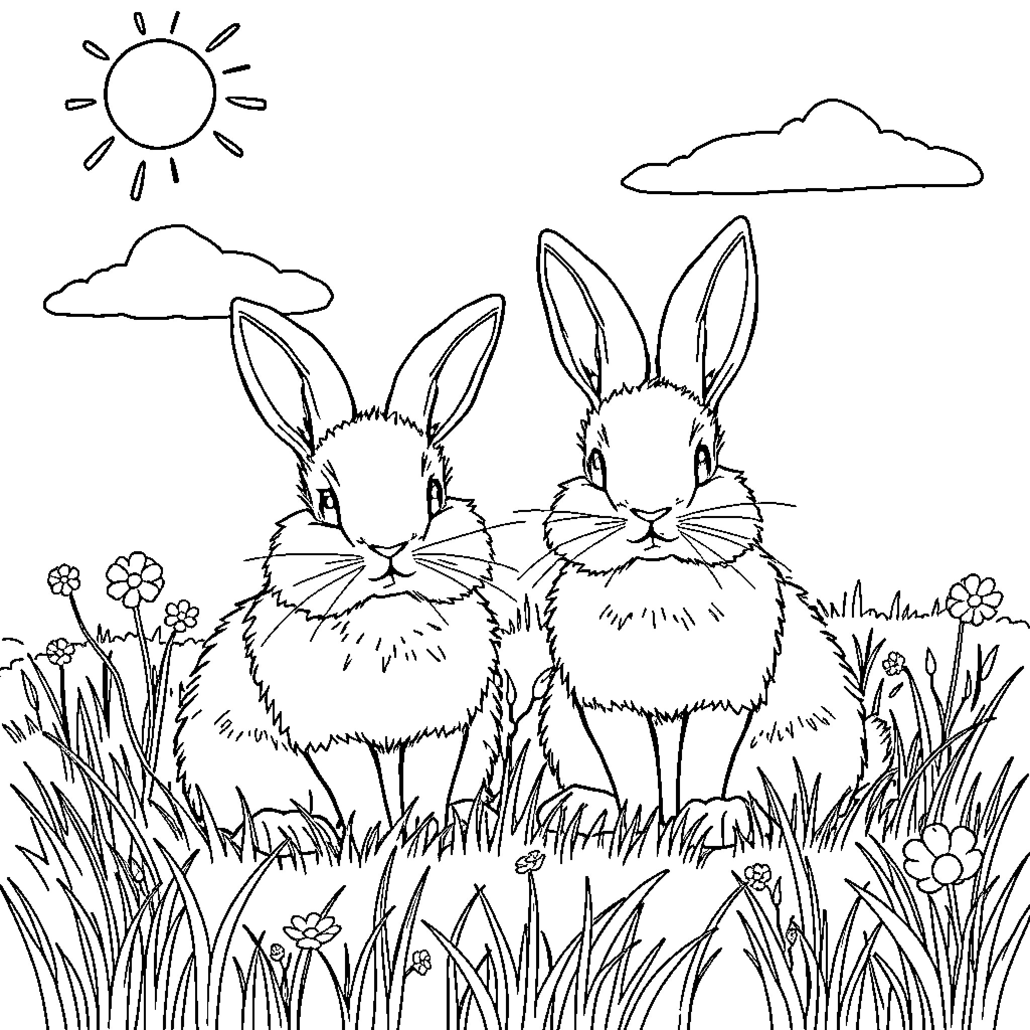 Rabbits enjoying the sunny day in the meadow Coloring Page (free black-and-white line drawing printable PDF for all, from beginners to advanced learners, including children, teens, adults, and seniors)