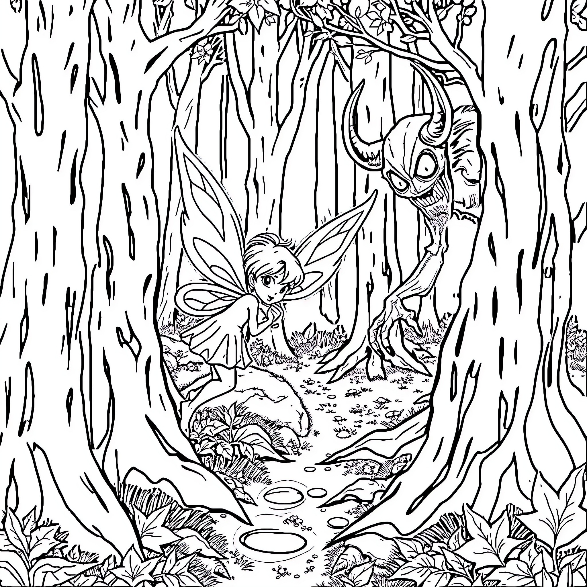 Faerie encounter in the enchanted forest Coloring Page (free black-and-white line drawing printable PDF for all, from beginners to advanced learners, including children, teens, adults, and seniors)