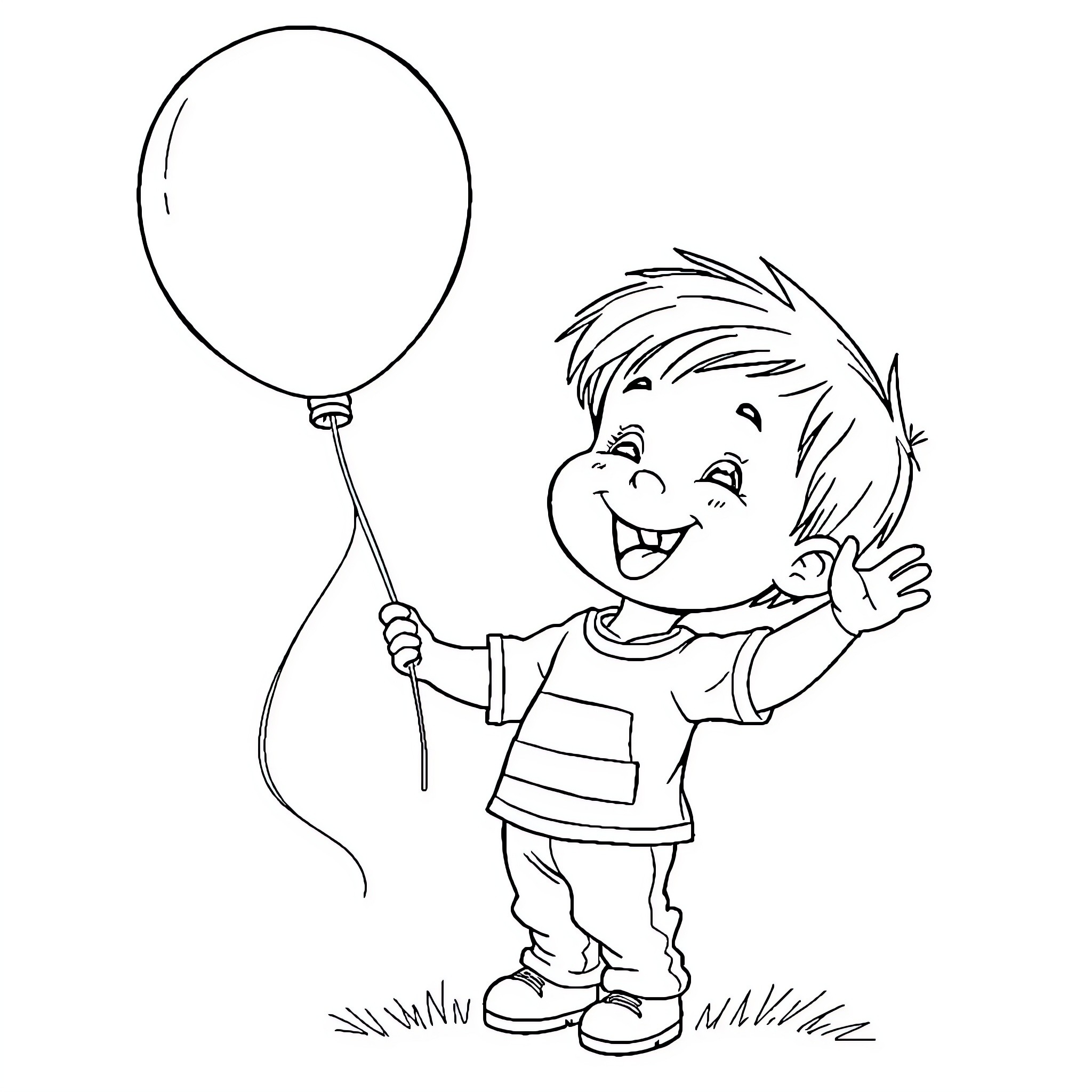 Child happily holding a balloon Coloring Page (free black-and-white line drawing printable PDF for all, from beginners to advanced learners, including children, teens, adults, and seniors)