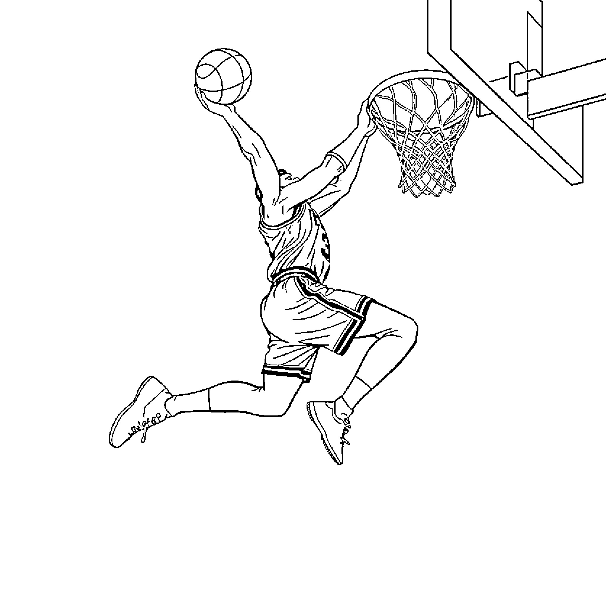 Michael Jordan slam dunking basketball Coloring Page (free black-and-white line drawing printable PDF for all, from beginners to advanced learners, including children, teens, adults, and seniors)