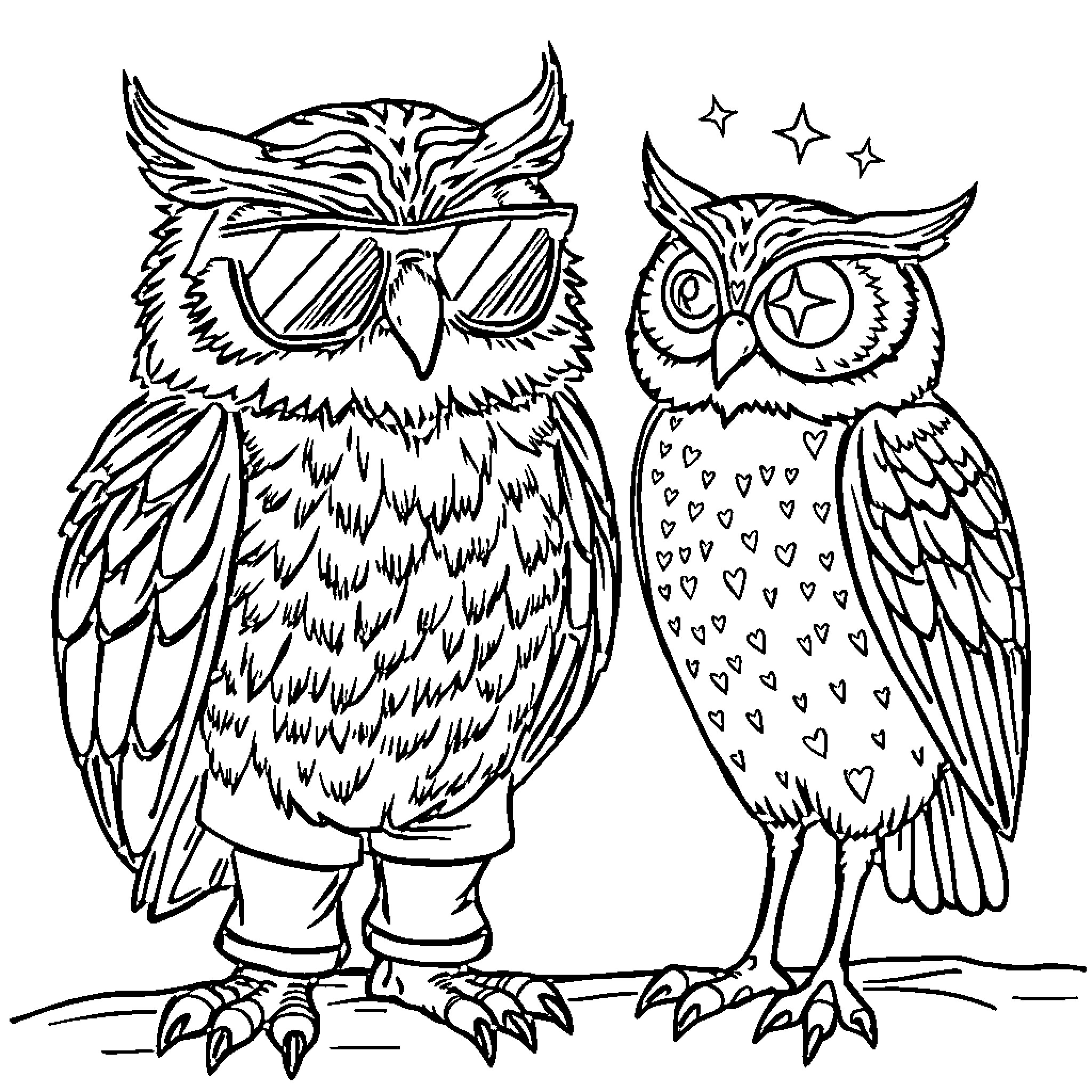 Owl Duo Adorned with Sunglasses and Patterned Feathers Coloring Page (free black-and-white line drawing printable PDF for all, from beginners to advanced learners, including children, teens, adults, and seniors)