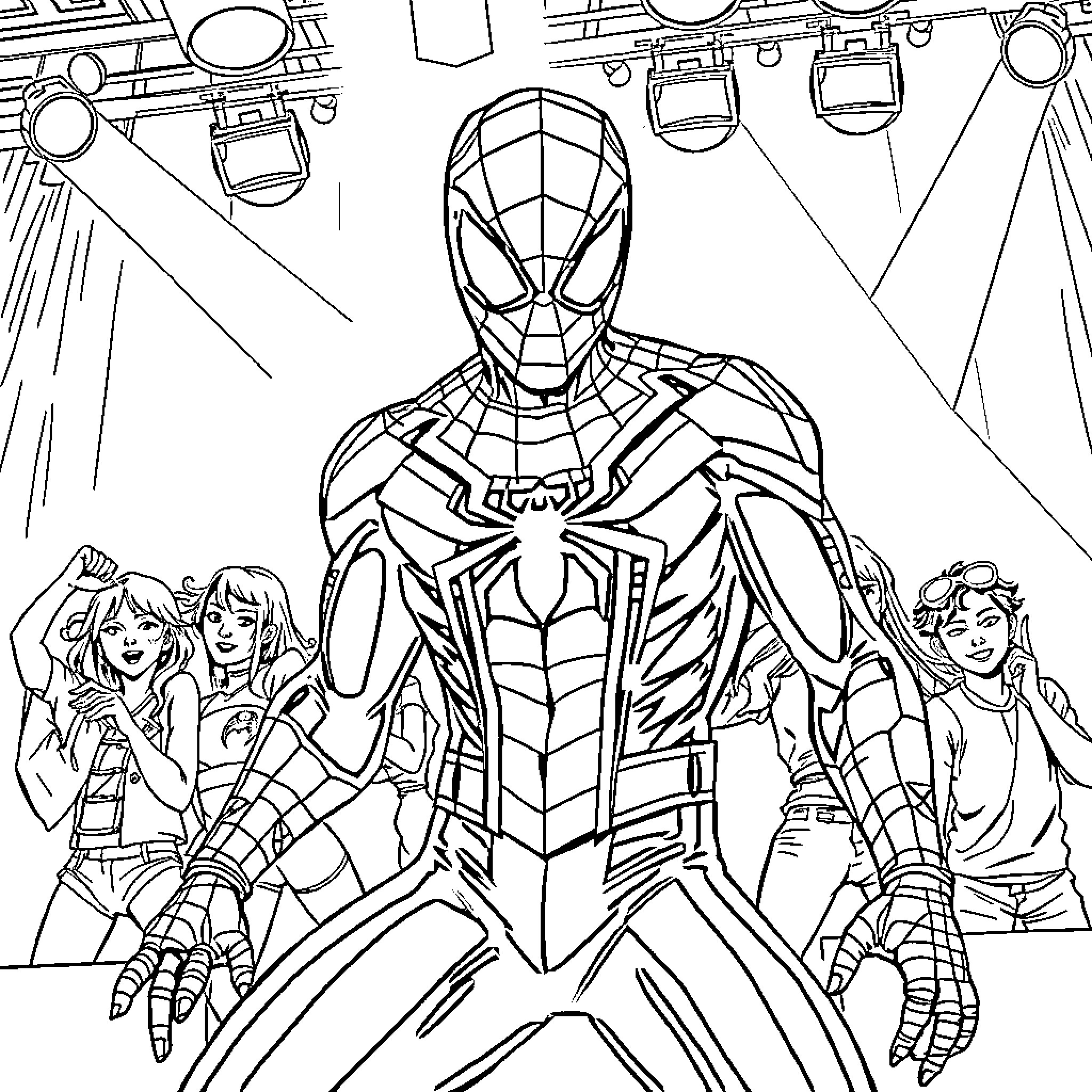 Spiderman posing heroically in front of a crowd Coloring Page (free black-and-white line drawing printable PDF for all, from beginners to advanced learners, including children, teens, adults, and seniors)
