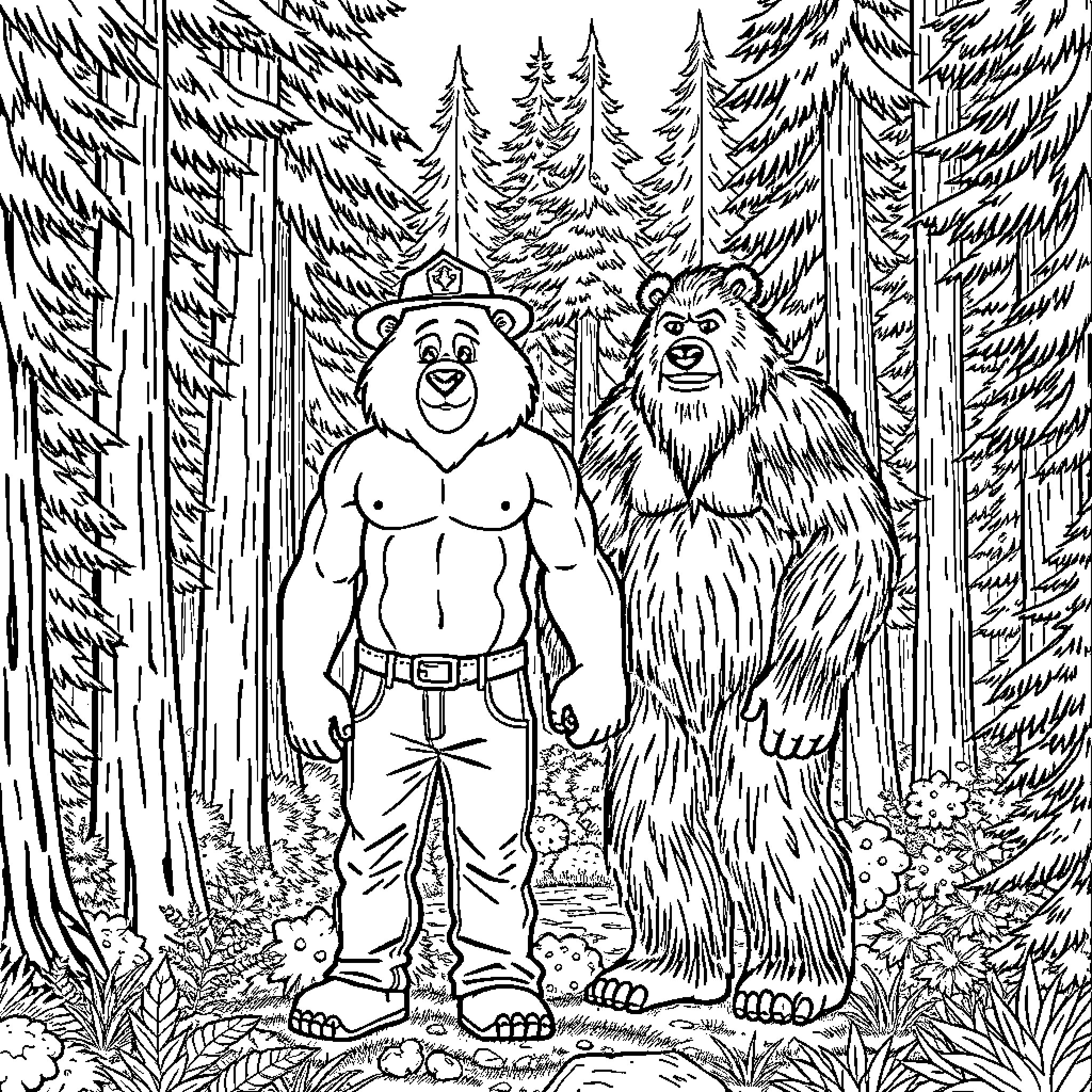 Smokey Bear and his Furry Forest Friend Coloring Page (free black-and-white line drawing printable PDF for all, from beginners to advanced learners, including children, teens, adults, and seniors)