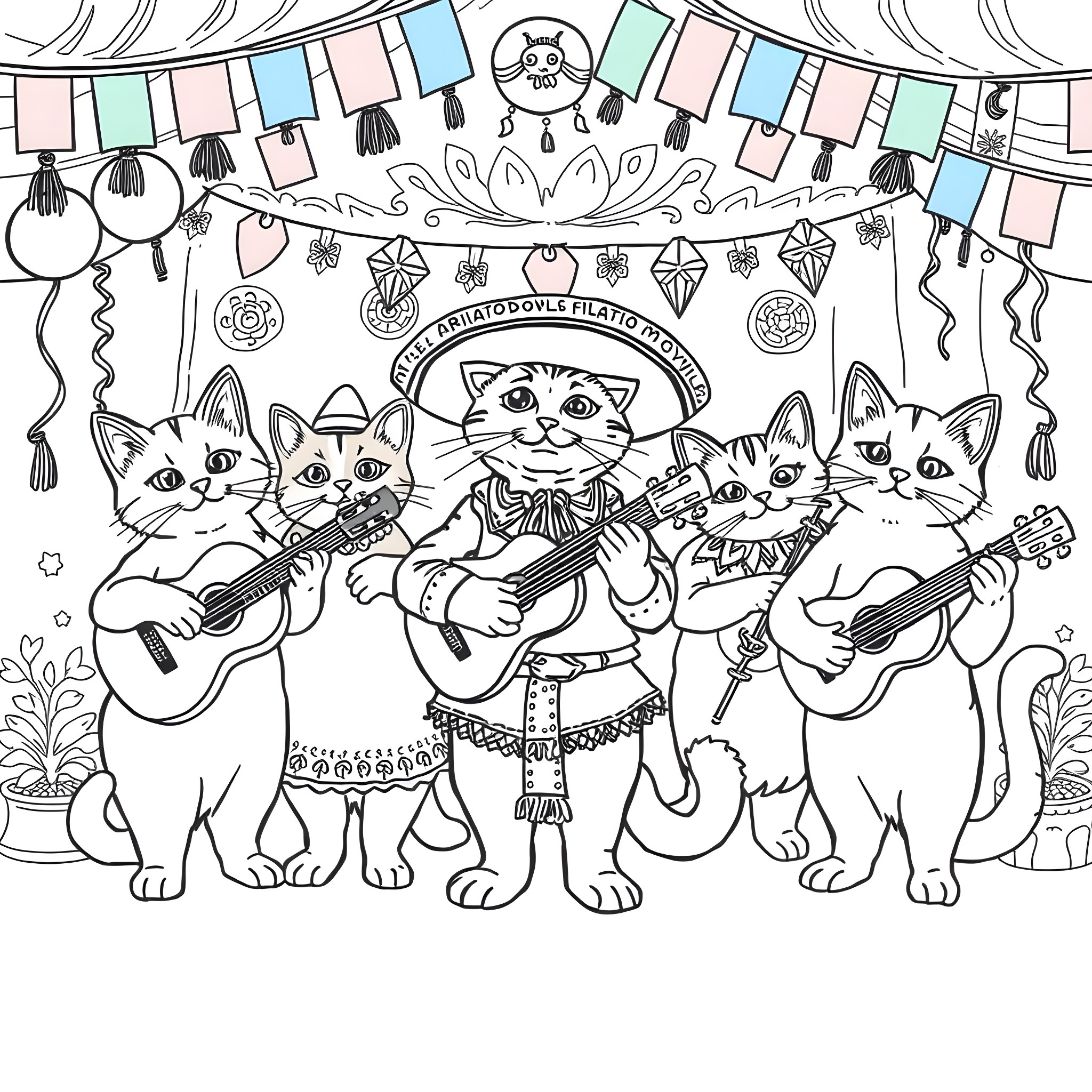Cat mariachi band playing music at a fiesta Coloring Page (free black-and-white line drawing printable PDF for all, from beginners to advanced learners, including children, teens, adults, and seniors)