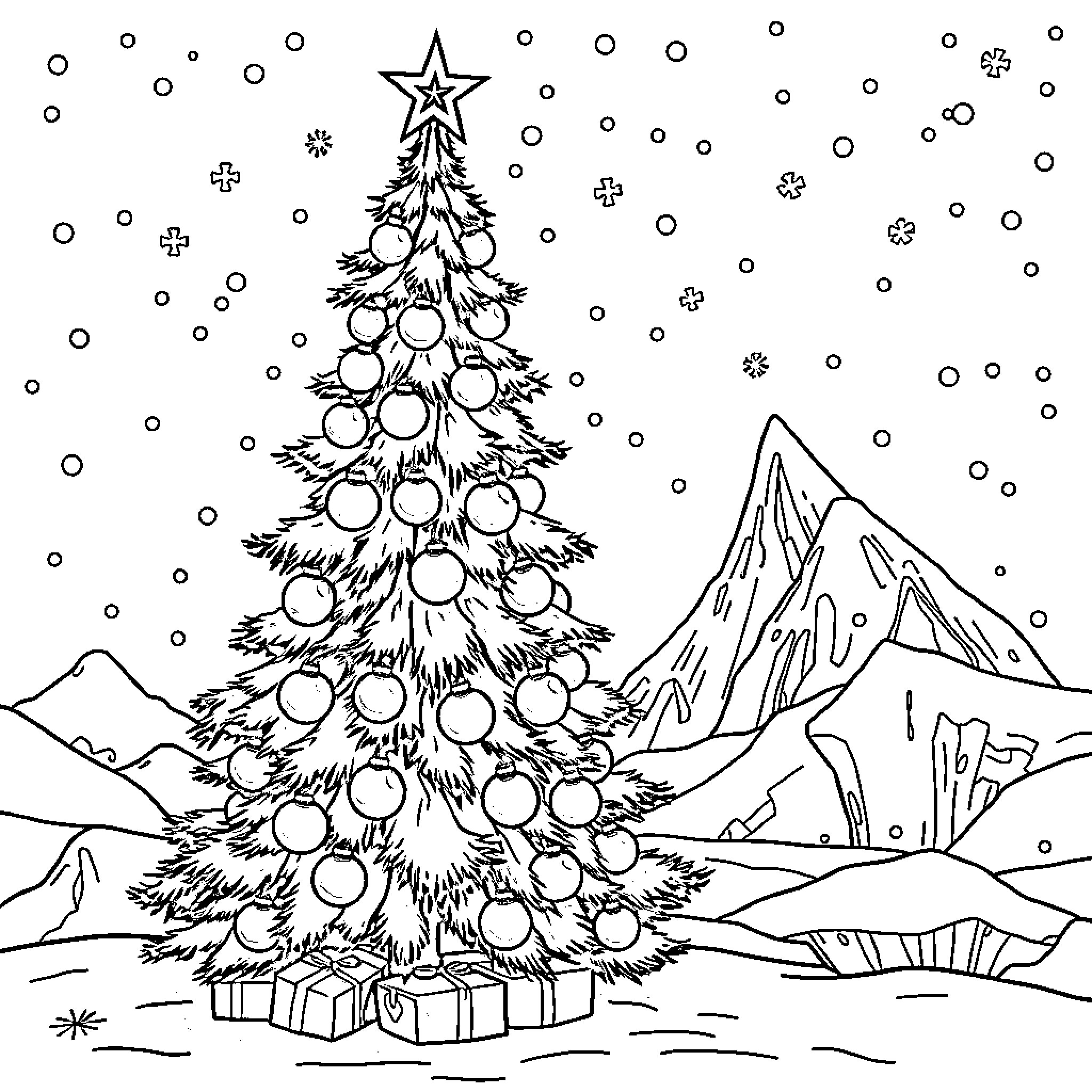 Christmas Tree Decorated with Ornaments in Snowy Landscape Coloring Page (free black-and-white line drawing printable PDF for all, from beginners to advanced learners, including children, teens, adults, and seniors)