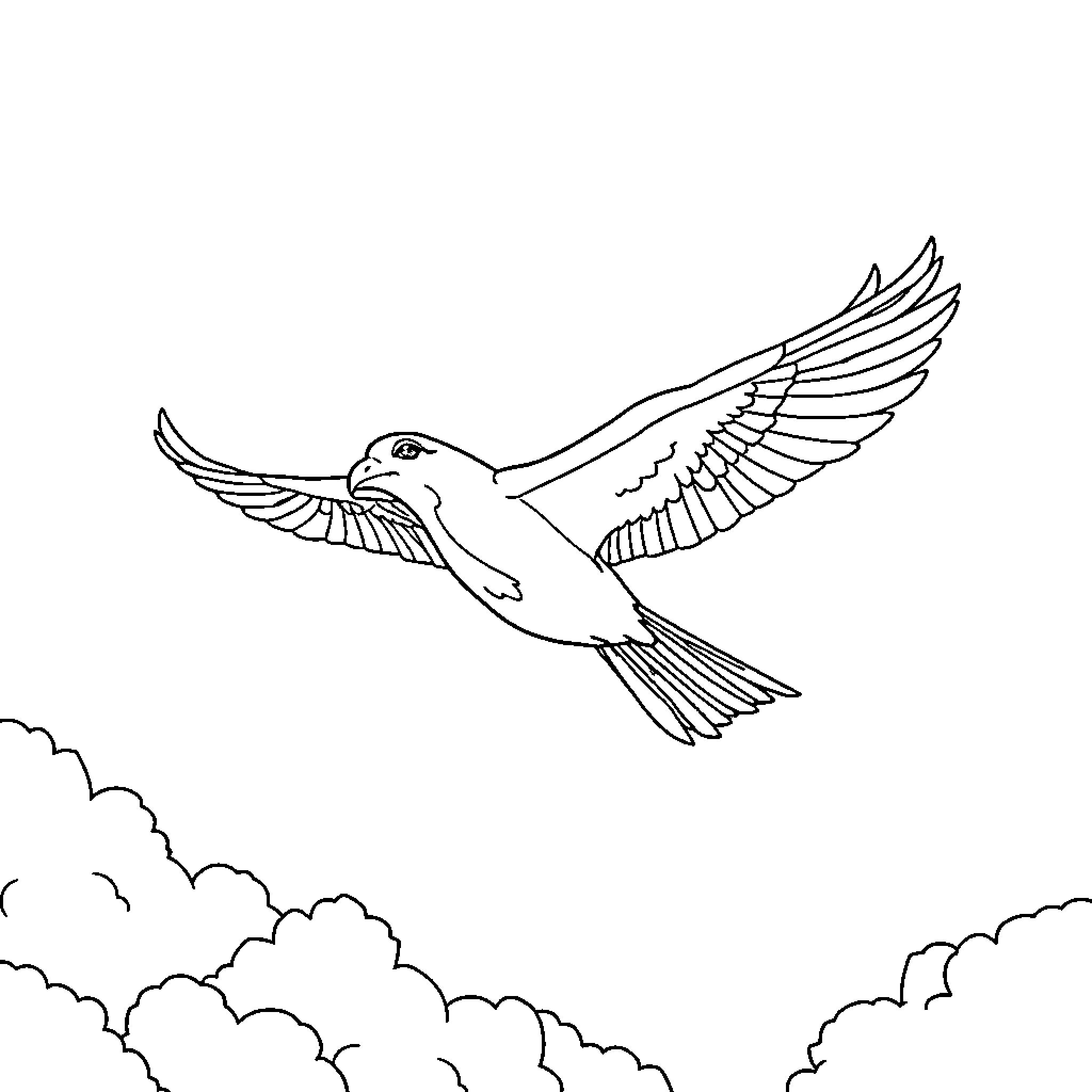Flying Car with Bird in the Clouds Coloring Page (free black-and-white line drawing printable PDF for all, from beginners to advanced learners, including children, teens, adults, and seniors)