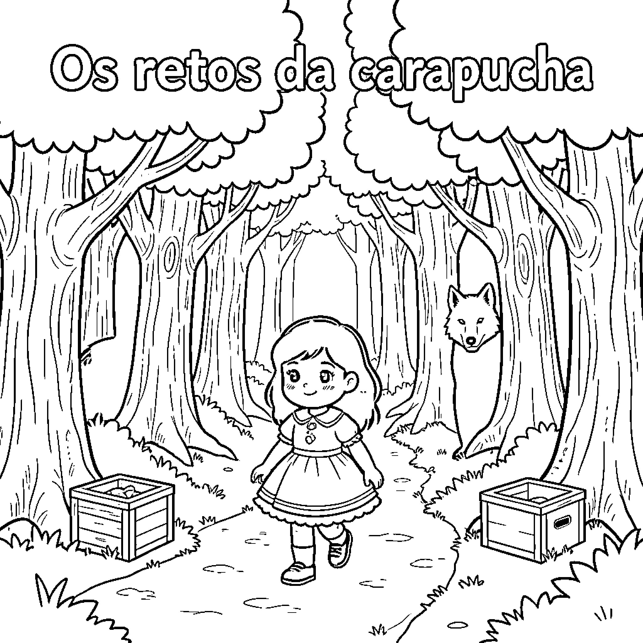 Caperucita encounters the forest and its surprises Coloring Page (free black-and-white line drawing printable PDF for all, from beginners to advanced learners, including children, teens, adults, and seniors)