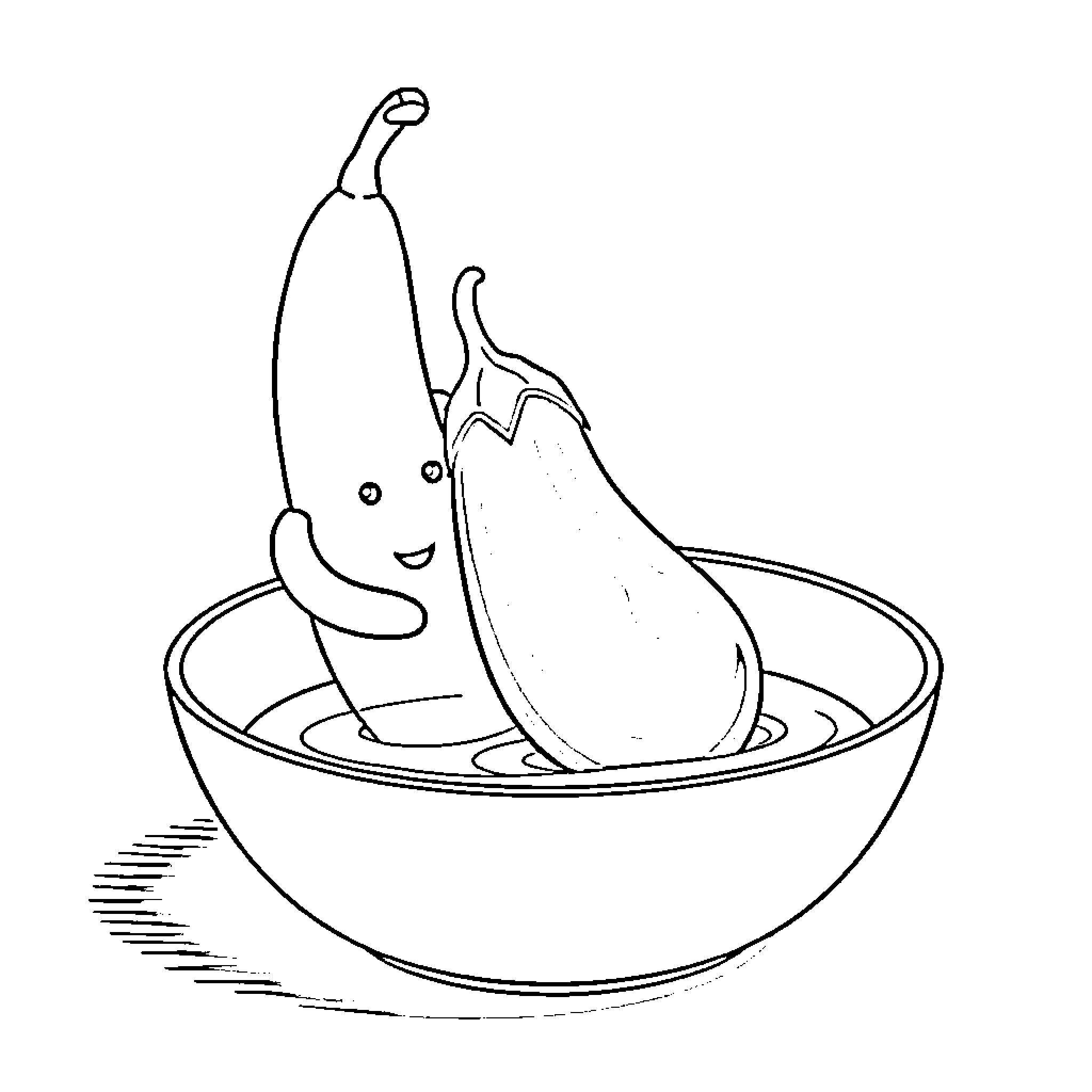 Banana diving happily into a bowl Coloring Page (free black-and-white line drawing printable PDF for all, from beginners to advanced learners, including children, teens, adults, and seniors)