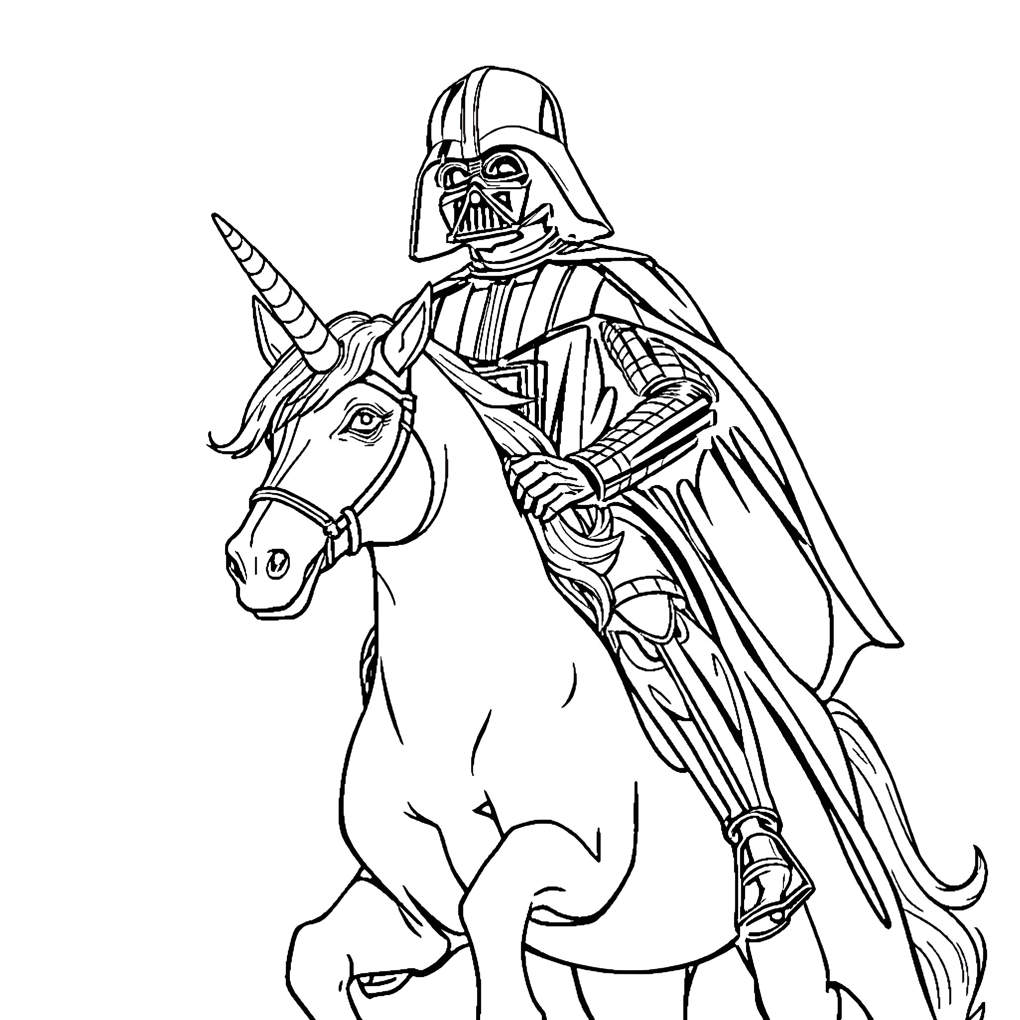 Darth Vader riding a unicorn in action Coloring Page (free black-and-white line drawing printable PDF for all, from beginners to advanced learners, including children, teens, adults, and seniors)