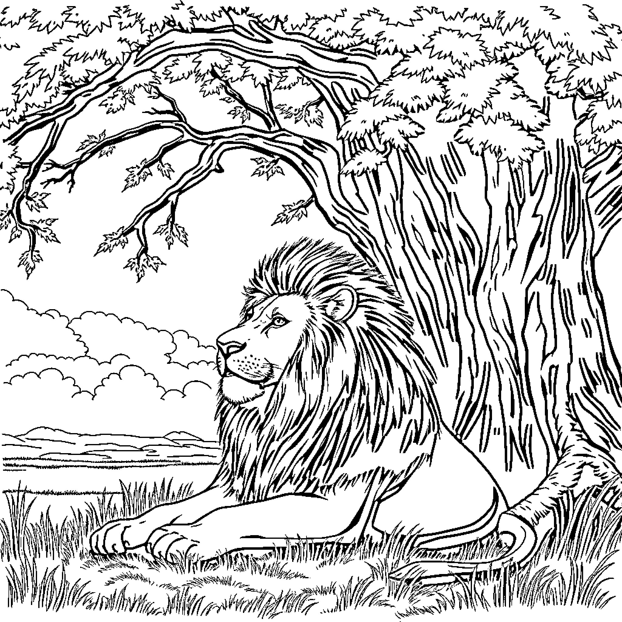 Lion resting under the tree in the wild Coloring Page (free black-and-white line drawing printable PDF for all, from beginners to advanced learners, including children, teens, adults, and seniors)