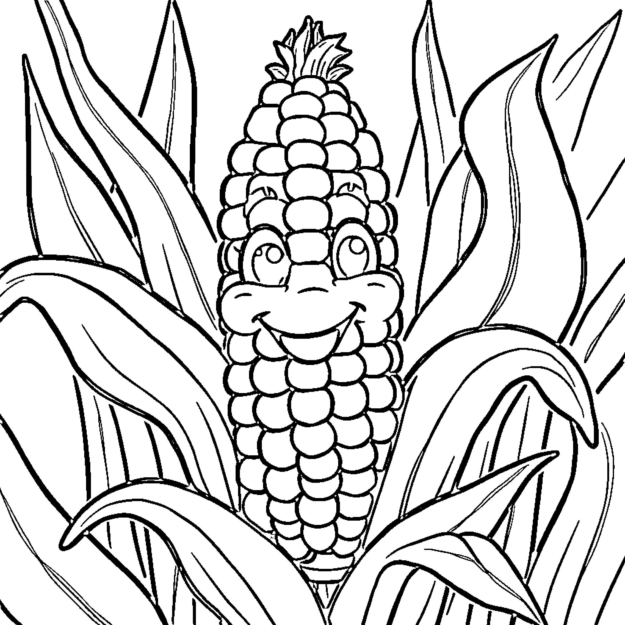 Corn cob with a friendly expression in the field Coloring Page (free black-and-white line drawing printable PDF for all, from beginners to advanced learners, including children, teens, adults, and seniors)