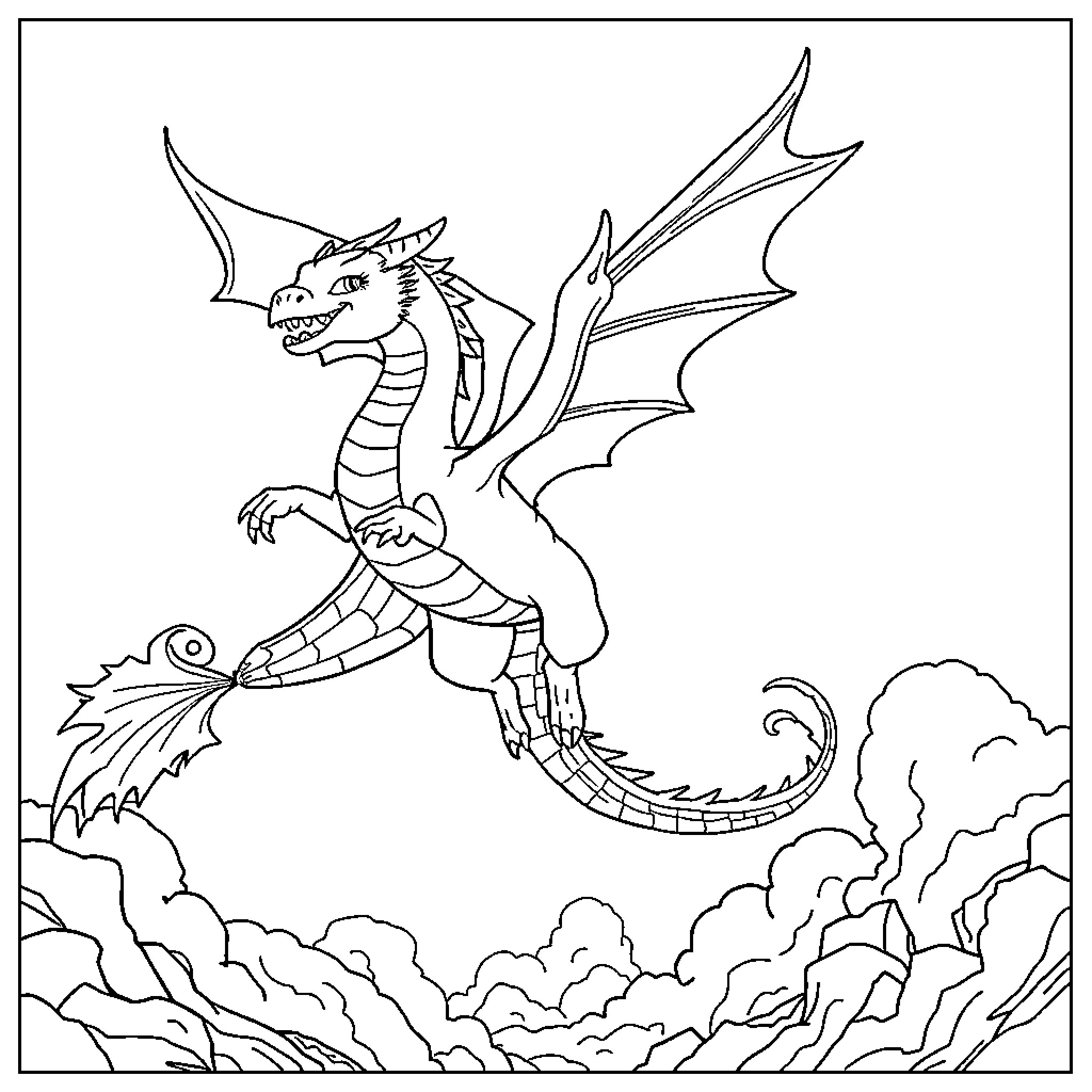 Dragon unleashing fiery breath in the sky Coloring Page (free black-and-white line drawing printable PDF for all, from beginners to advanced learners, including children, teens, adults, and seniors)
