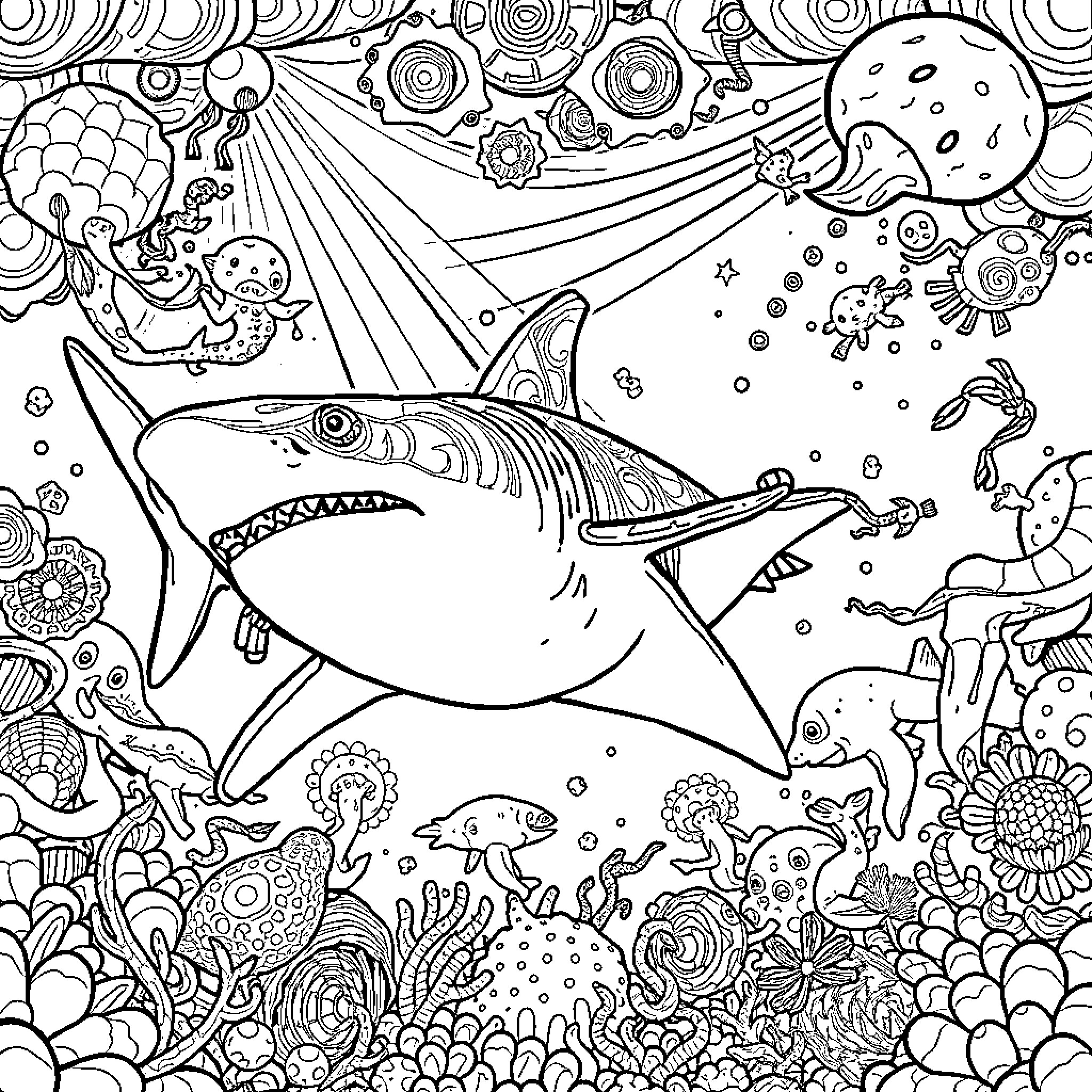 Hammer Shark exploring the vibrant underwater world Coloring Page (free black-and-white line drawing printable PDF for all, from beginners to advanced learners, including children, teens, adults, and seniors)