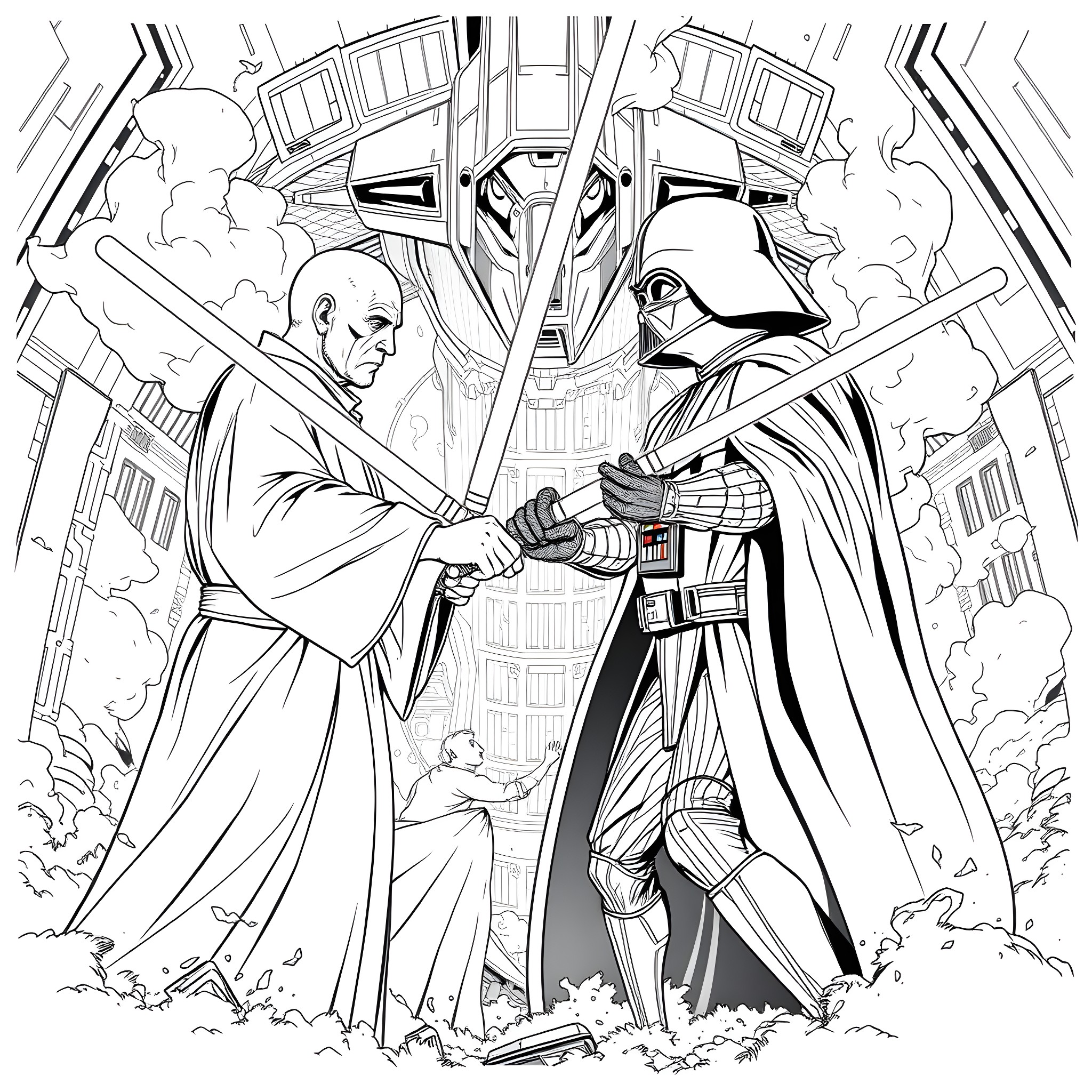 Duel of the Dark Lords Coloring Page (free black-and-white line drawing printable PDF for all, from beginners to advanced learners, including children, teens, adults, and seniors)