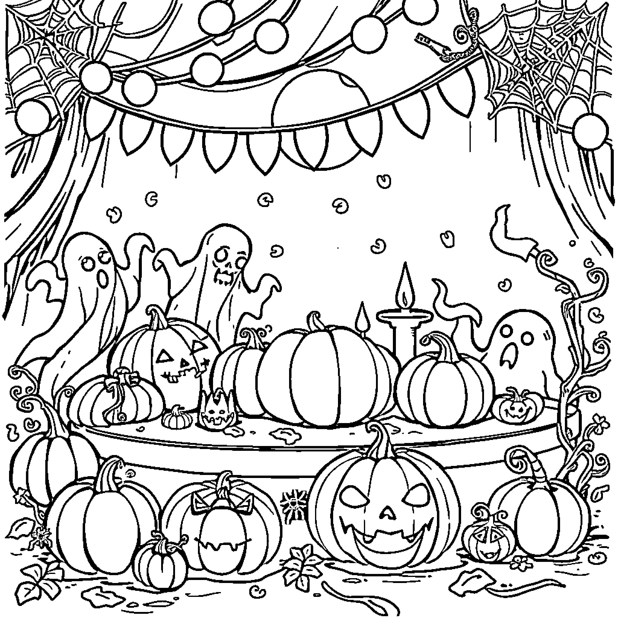 Halloween spooky scenes with pumpkins and ghosts Coloring Page (free black-and-white line drawing printable PDF for all, from beginners to advanced learners, including children, teens, adults, and seniors)