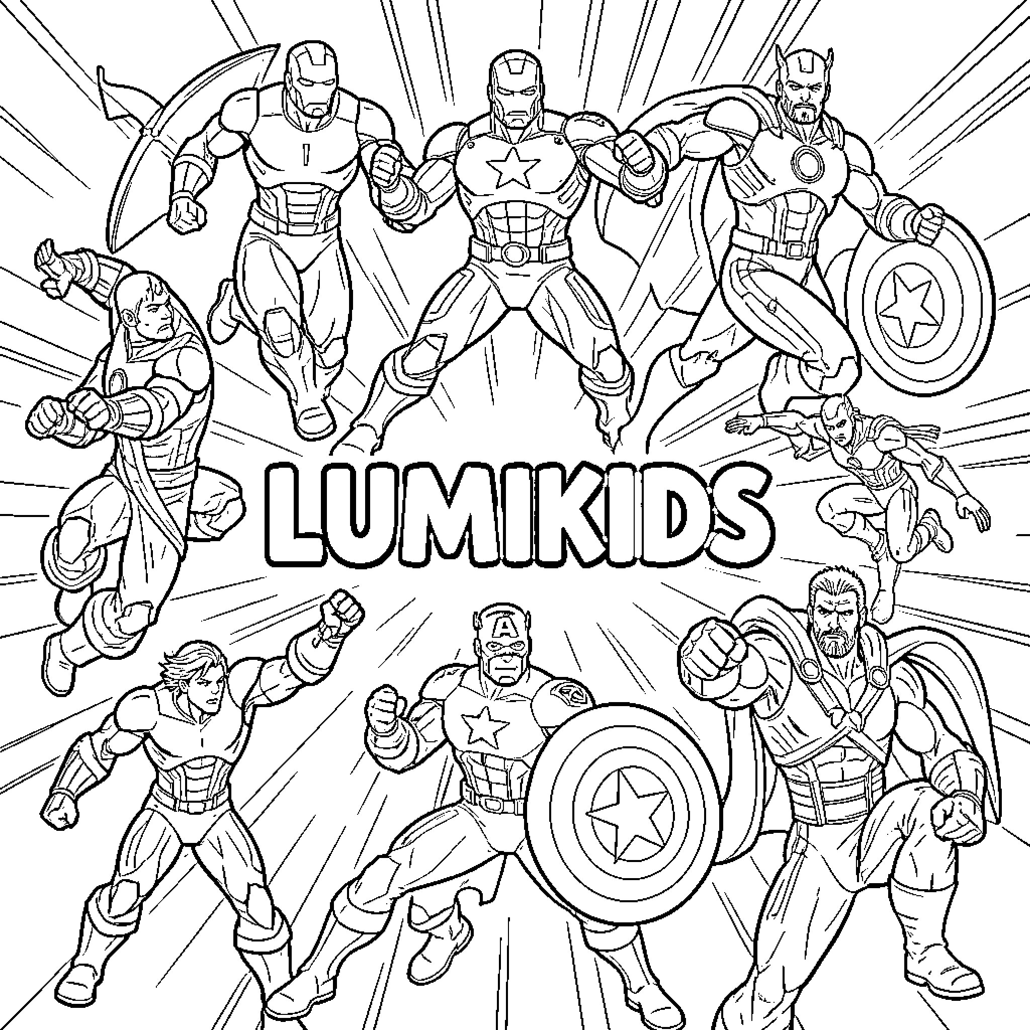 Avenger Superheroes in Action Poses Coloring Page (free black-and-white line drawing printable PDF for all, from beginners to advanced learners, including children, teens, adults, and seniors)