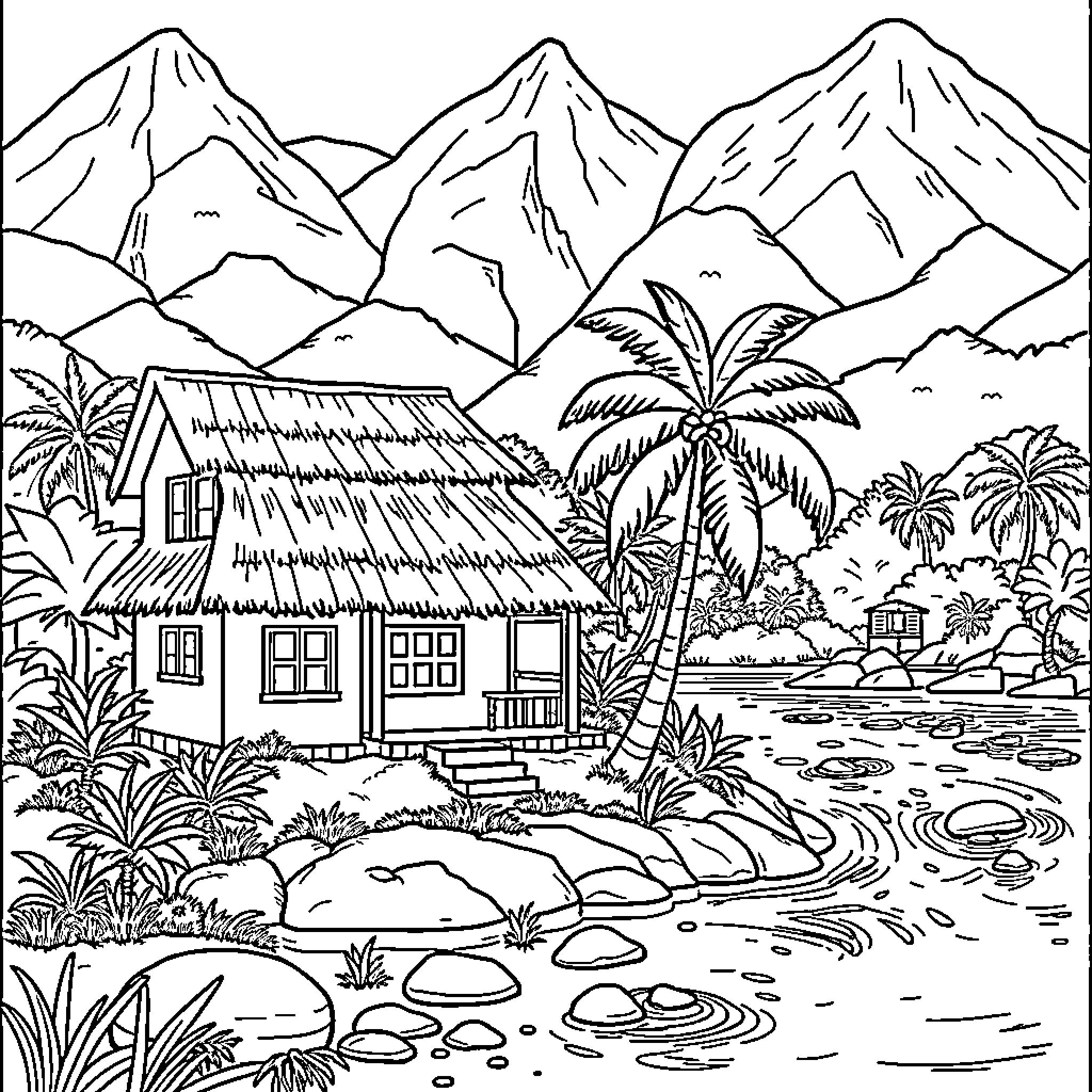 House in Tropical Landscape with Mountains Coloring Page (free black-and-white line drawing printable PDF for all, from beginners to advanced learners, including children, teens, adults, and seniors)