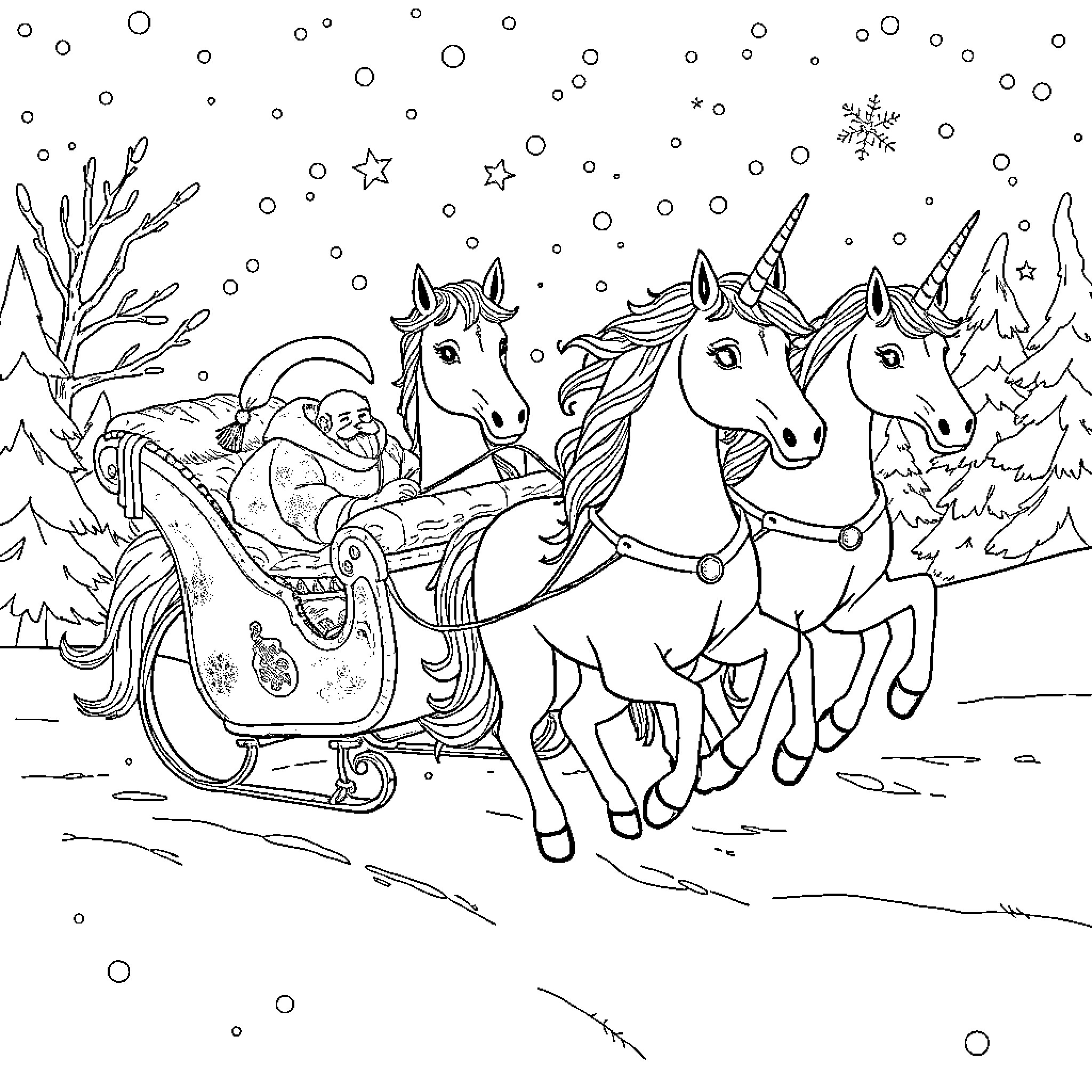 Unicorn Sleigh Ride in Snowy Wonderland Coloring Page (free black-and-white line drawing printable PDF for all, from beginners to advanced learners, including children, teens, adults, and seniors)