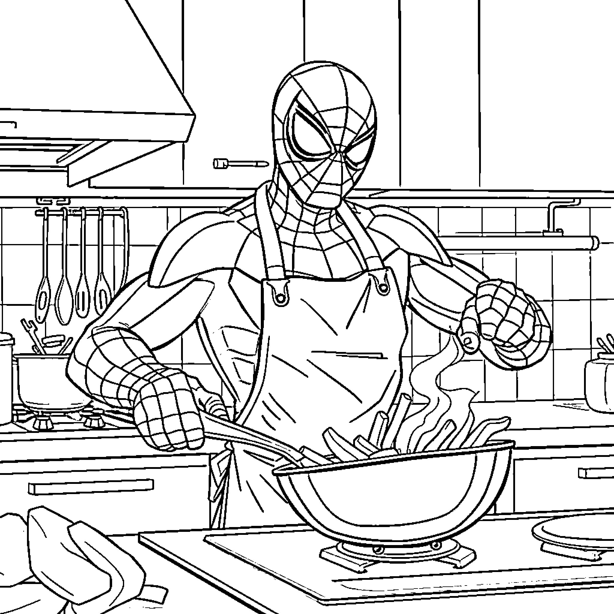 Spiderman in the kitchen, cooking a meal Coloring Page (free black-and-white line drawing printable PDF for all, from beginners to advanced learners, including children, teens, adults, and seniors)