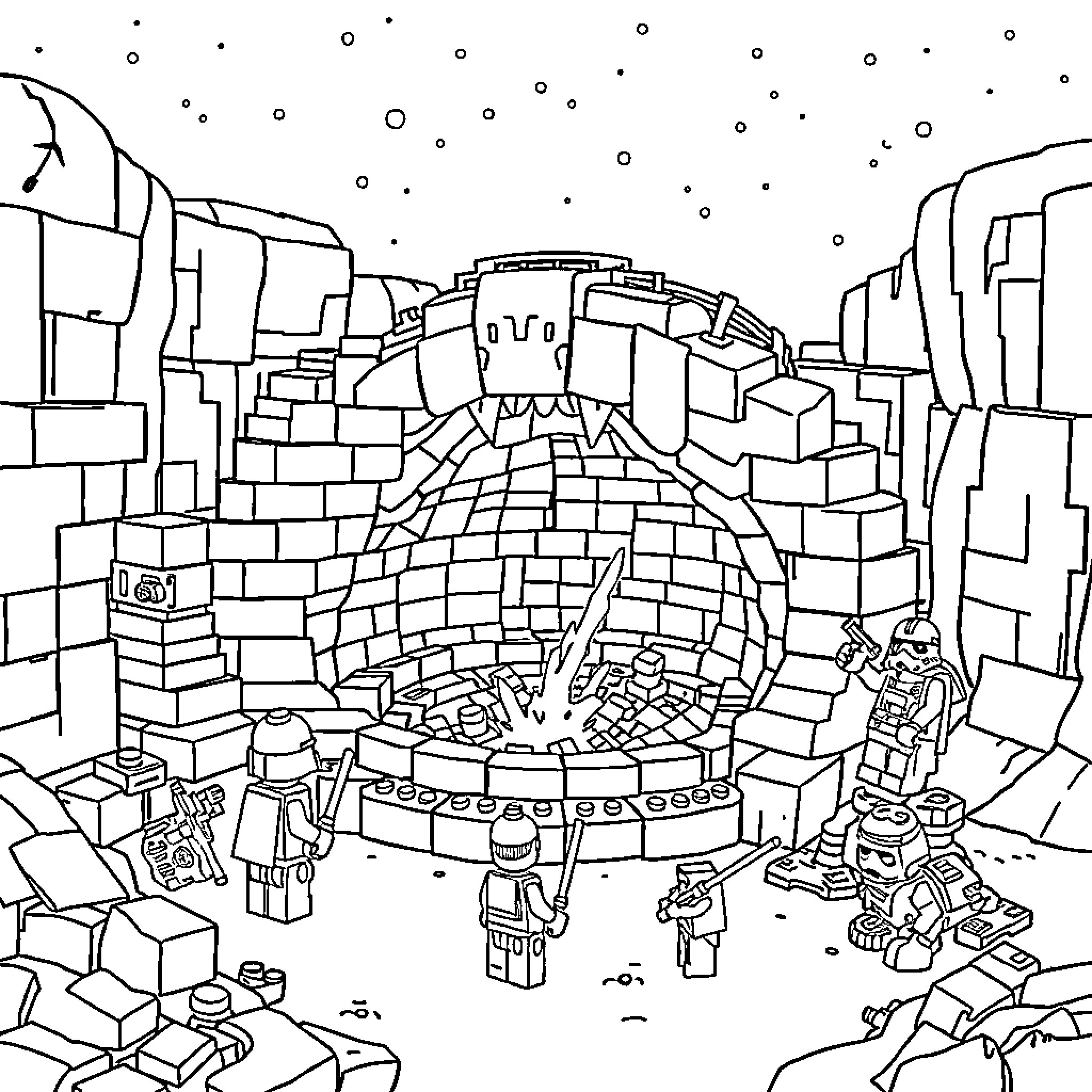 Lego Star Wars characters in an epic space scene Coloring Page (free black-and-white line drawing printable PDF for all, from beginners to advanced learners, including children, teens, adults, and seniors)