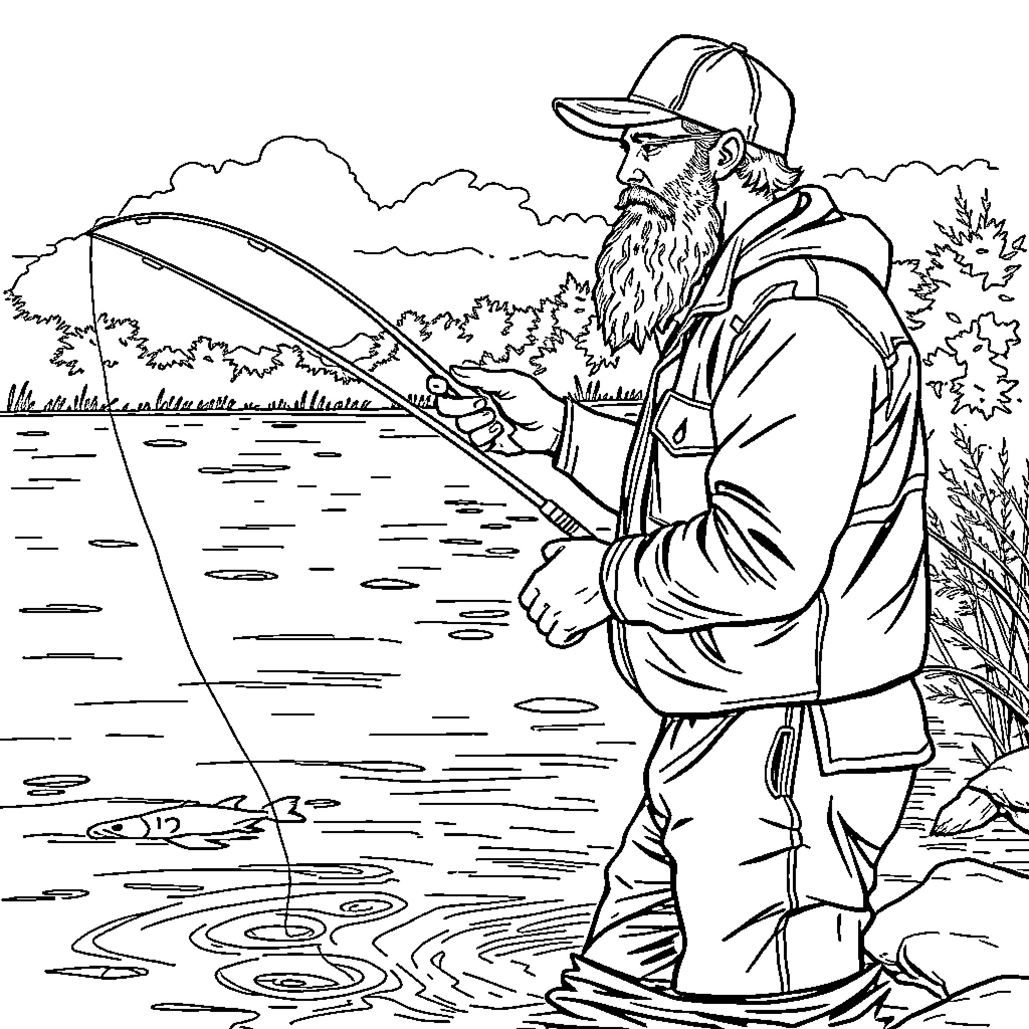 Bearded Man Fishing in Serene Outdoor Scene Coloring Page (free black-and-white line drawing printable PDF for all, from beginners to advanced learners, including children, teens, adults, and seniors)
