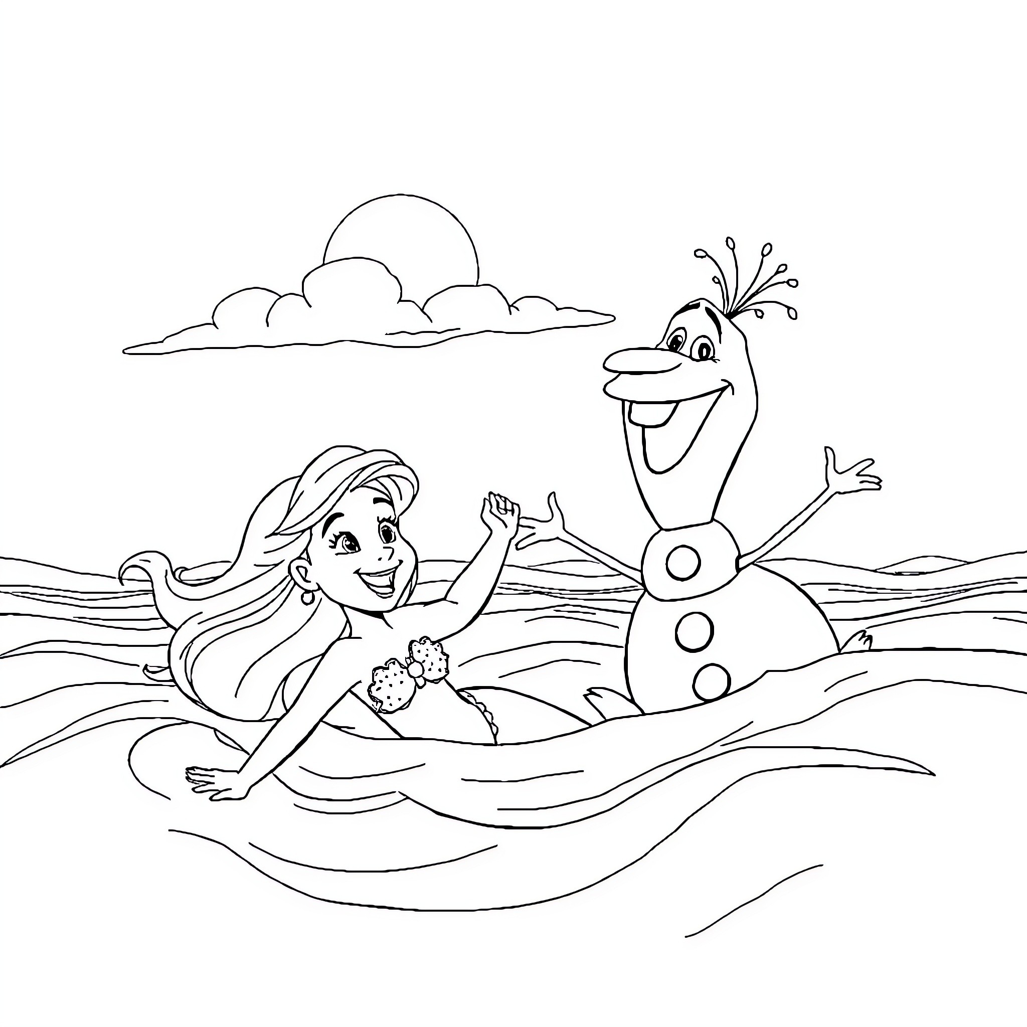 Ariel and Olaf playing joyfully in the ocean Coloring Page (free black-and-white line drawing printable PDF for all, from beginners to advanced learners, including children, teens, adults, and seniors)
