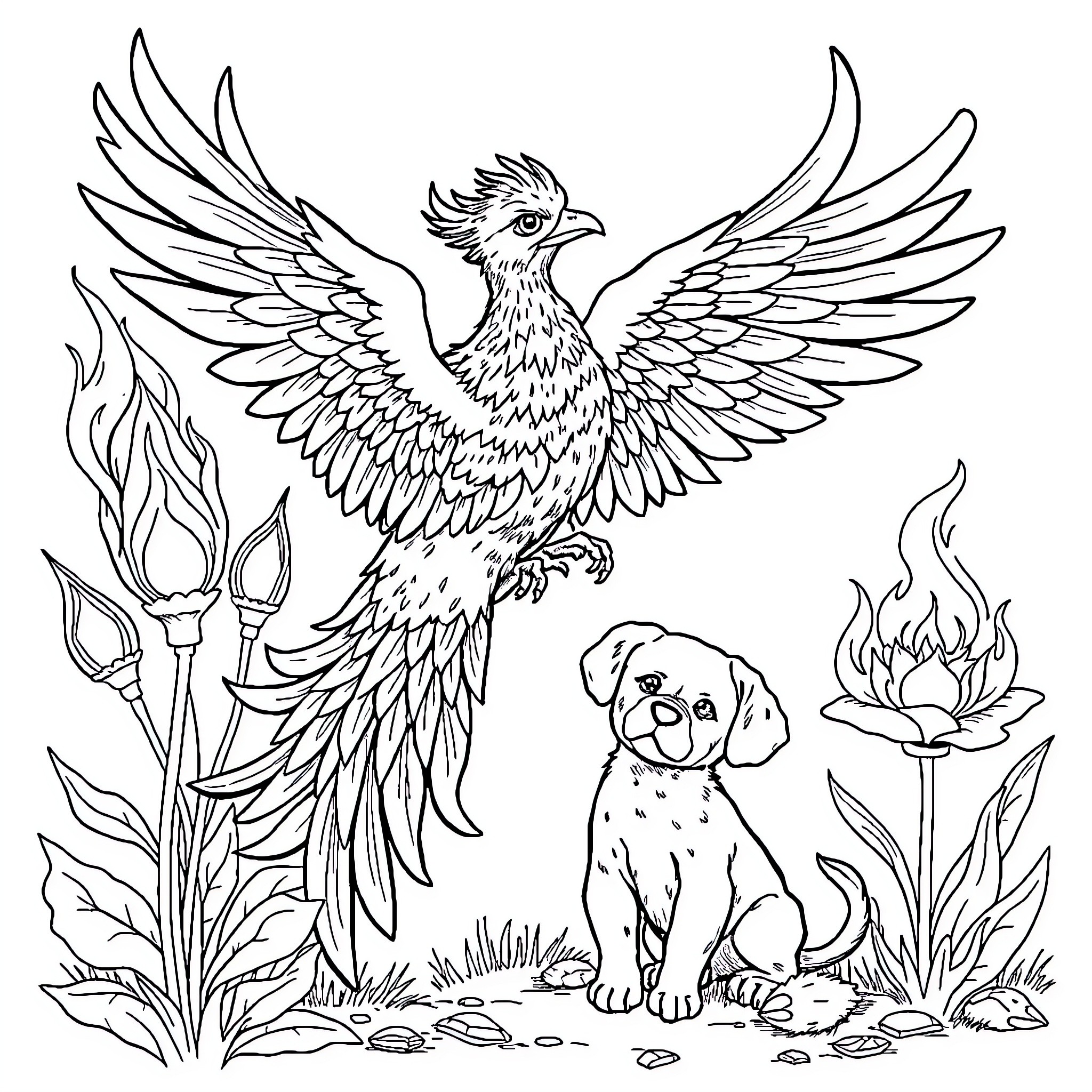 Phoenix rising with loyal companion in nature Coloring Page (free black-and-white line drawing printable PDF for all, from beginners to advanced learners, including children, teens, adults, and seniors)