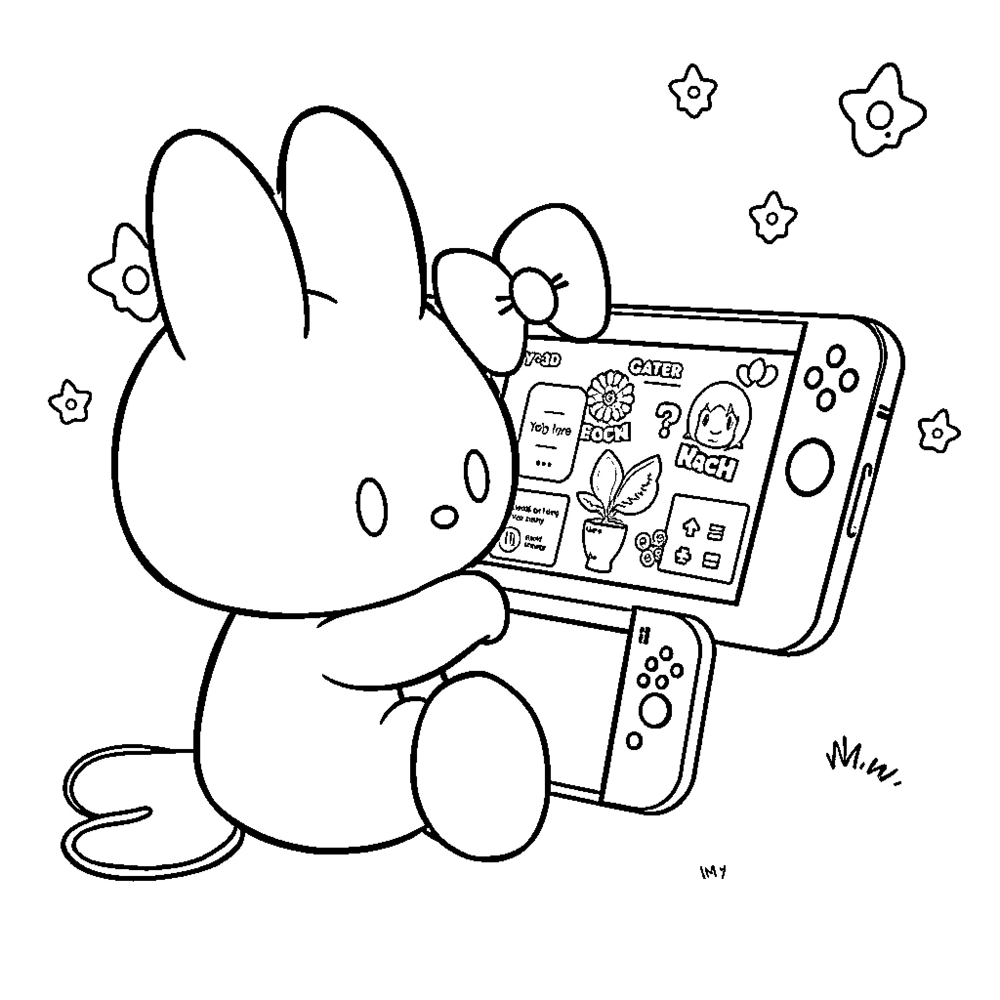 My Melody Playing with Smartphone Device Coloring Page (free black-and-white line drawing printable PDF for all, from beginners to advanced learners, including children, teens, adults, and seniors)