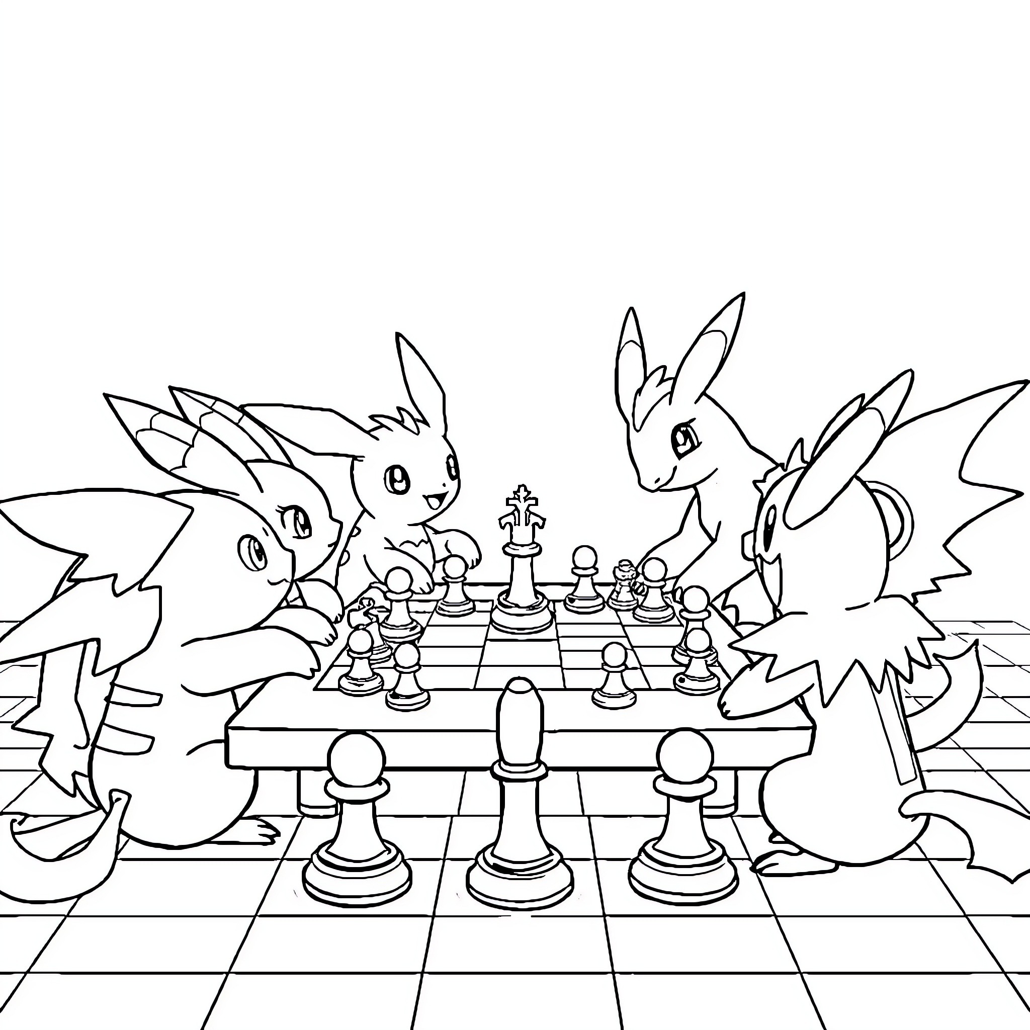 Pokémon characters playing chess together Coloring Page (free black-and-white line drawing printable PDF for all, from beginners to advanced learners, including children, teens, adults, and seniors)