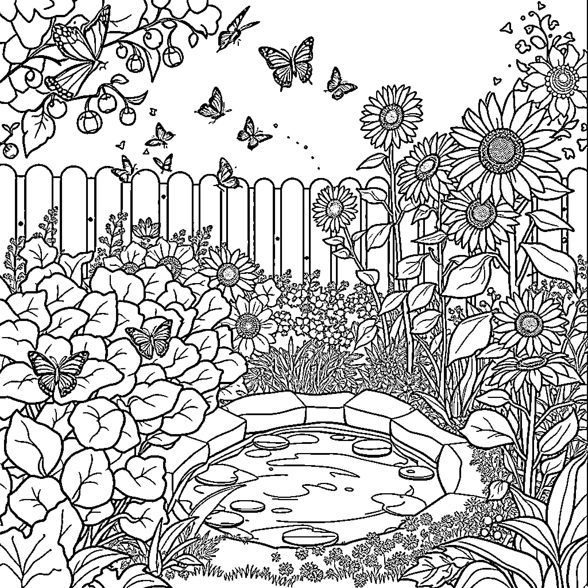 Vegetable Garden Filled with Vibrant Flowers and Butterflies Coloring Page (free black-and-white line drawing printable PDF for all, from beginners to advanced learners, including children, teens, adults, and seniors)