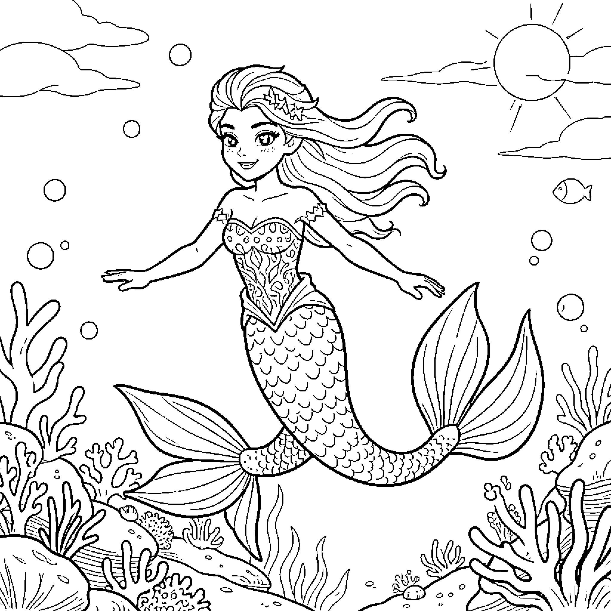 Mermaid swimming joyfully through a coral reef Coloring Page (free black-and-white line drawing printable PDF for all, from beginners to advanced learners, including children, teens, adults, and seniors)
