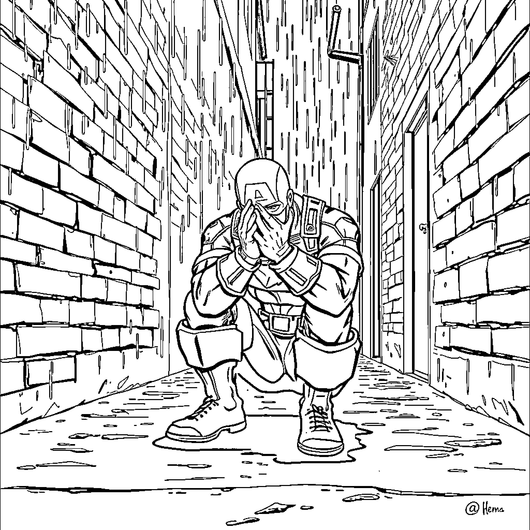 Captain America Brooding in Dark Alleyway Coloring Page (free black-and-white line drawing printable PDF for all, from beginners to advanced learners, including children, teens, adults, and seniors)