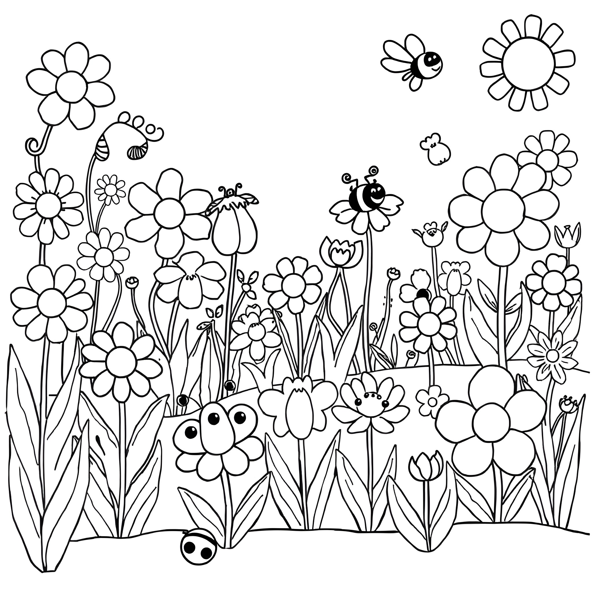 Flower garden scene with playful bugs Coloring Page (free black-and-white line drawing printable PDF for all, from beginners to advanced learners, including children, teens, adults, and seniors)