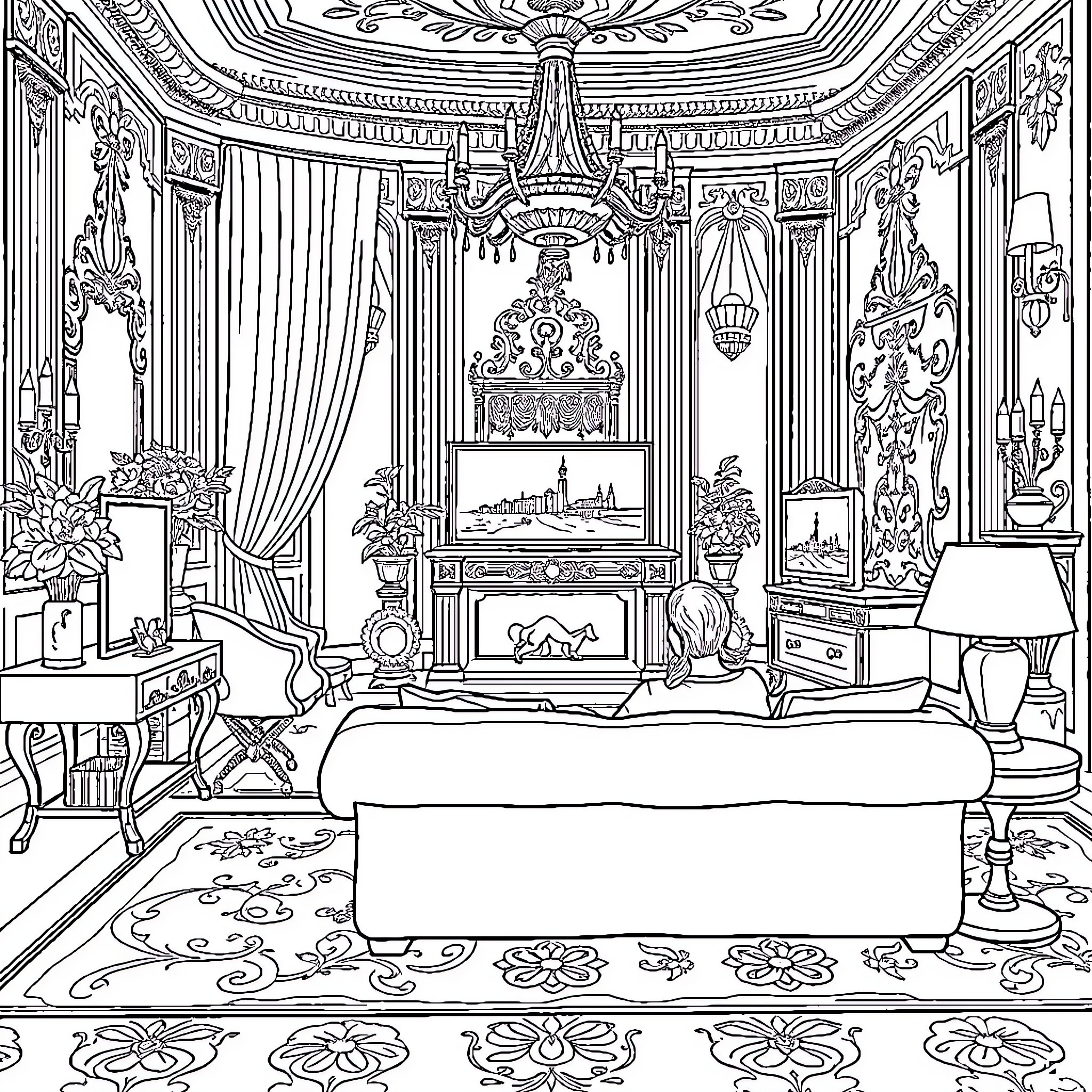 Person sitting in an ornate and elaborate interior room Coloring Page (free black-and-white line drawing printable PDF for all, from beginners to advanced learners, including children, teens, adults, and seniors)