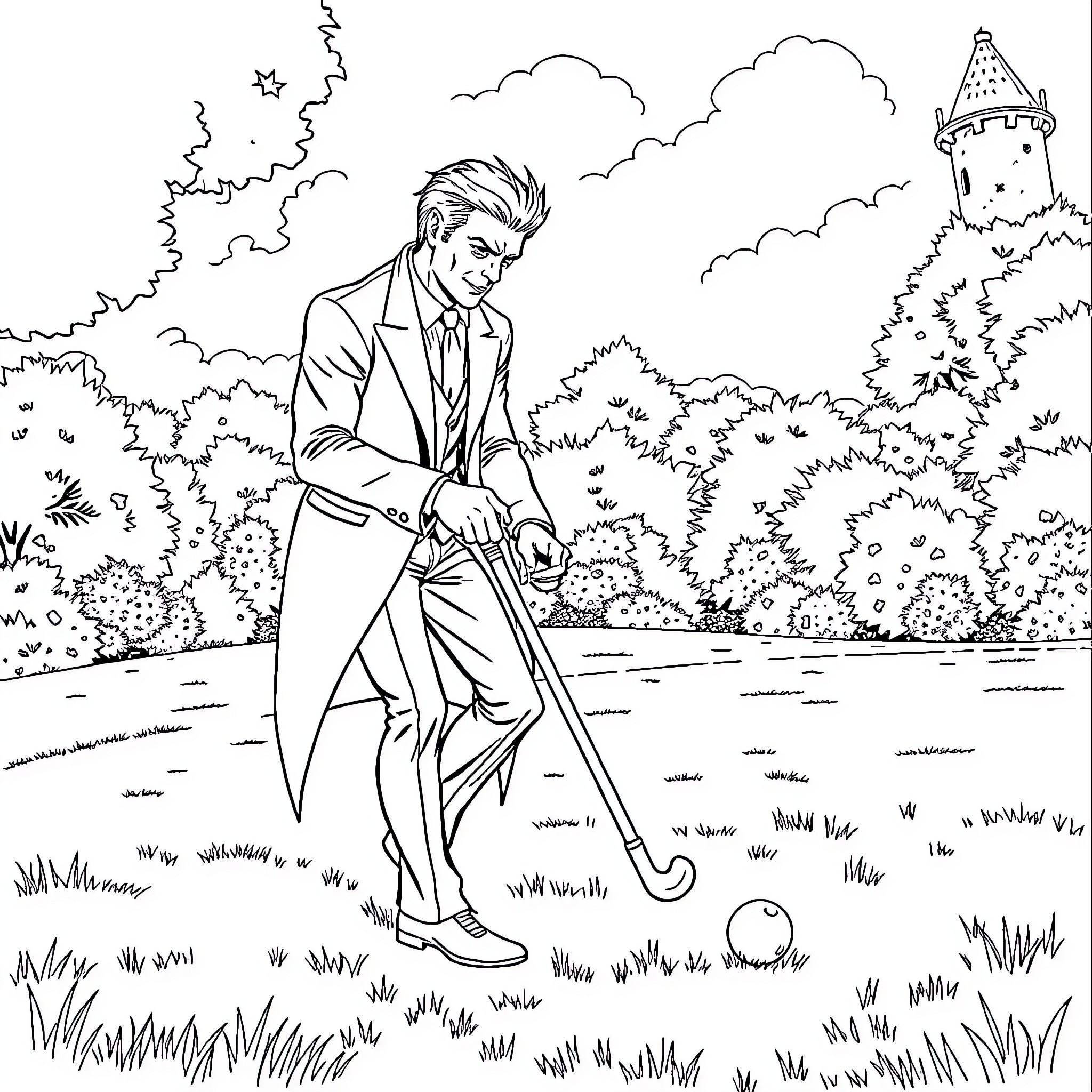 Gambit playing with playing cards in a park Coloring Page (free black-and-white line drawing printable PDF for all, from beginners to advanced learners, including children, teens, adults, and seniors)