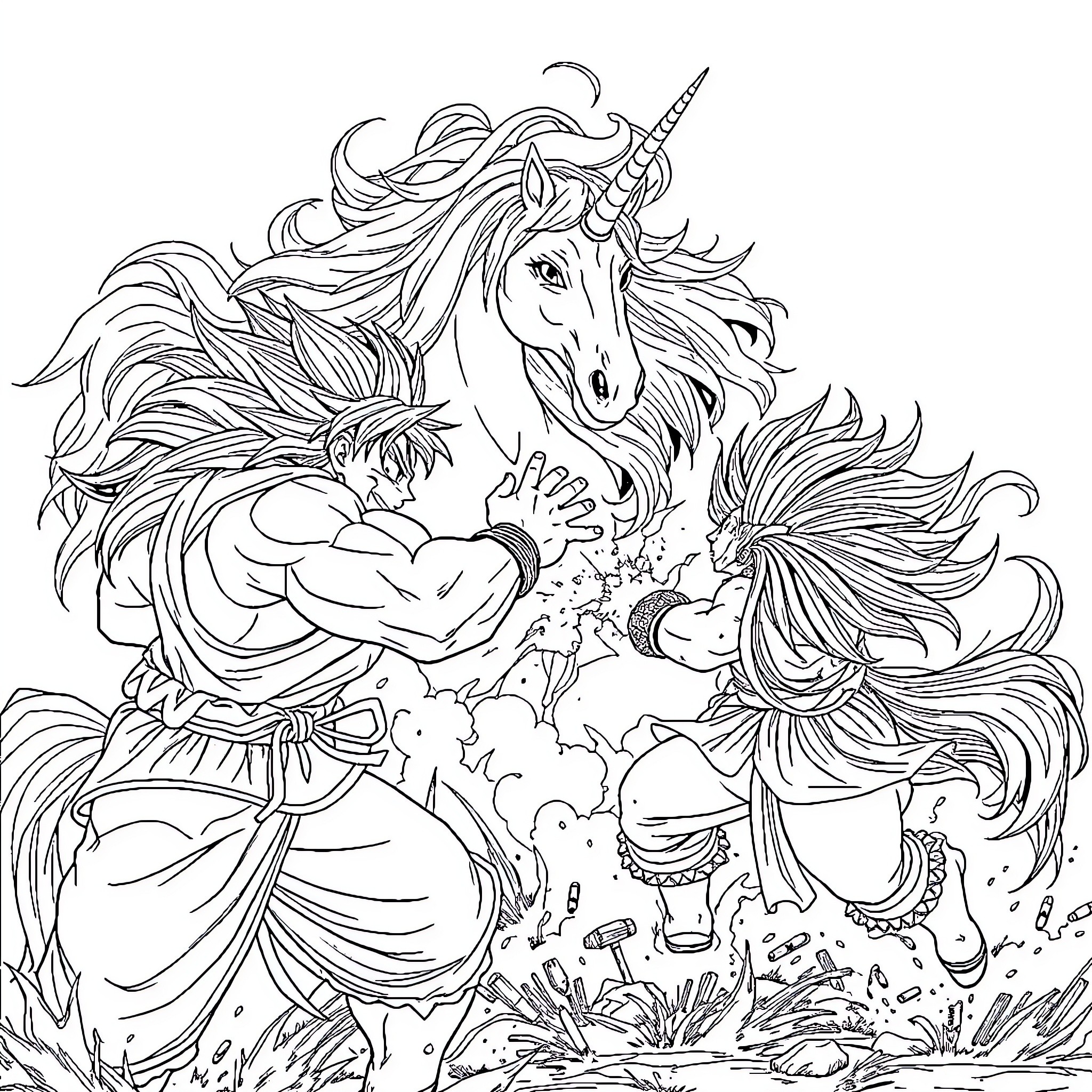 Unicorn battling ferociously with warrior in fantasy landscape Coloring Page (free black-and-white line drawing printable PDF for all, from beginners to advanced learners, including children, teens, adults, and seniors)