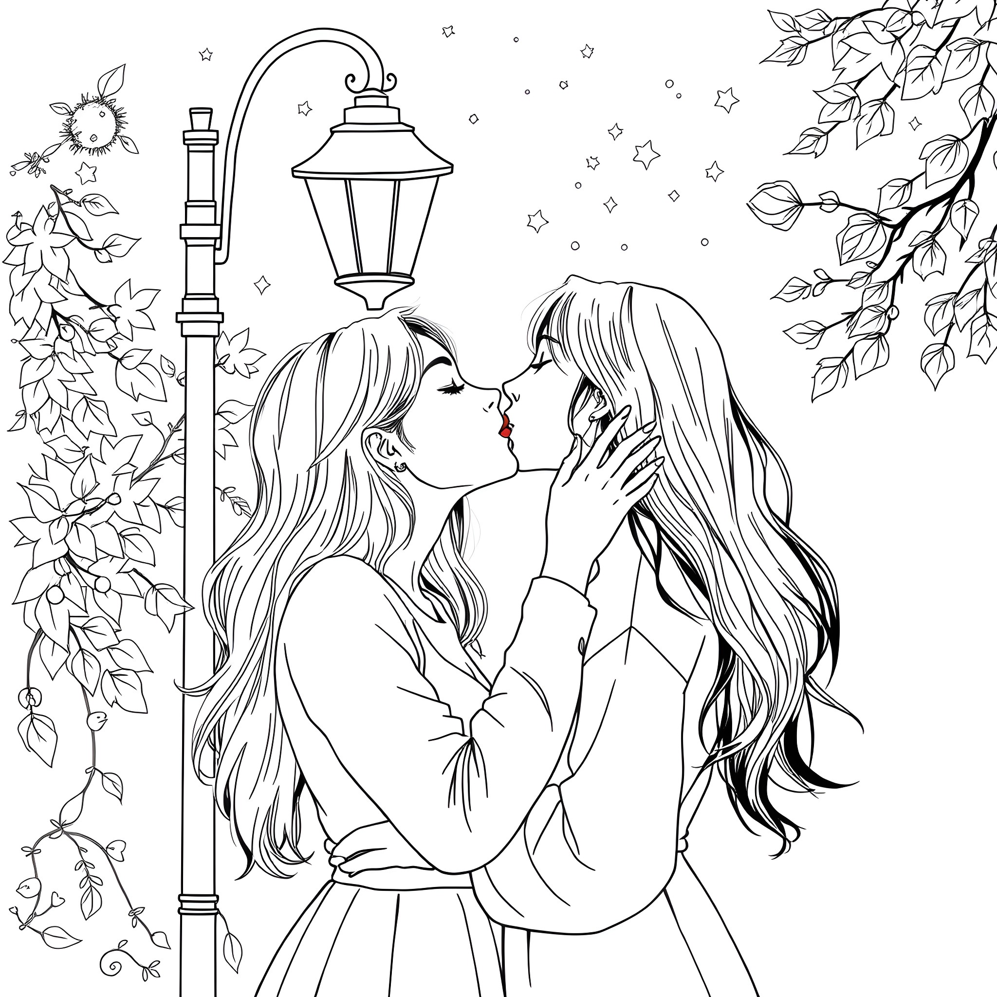 Lesbian lovers sharing intimate moment under starry night Coloring Page (free black-and-white line drawing printable PDF for all, from beginners to advanced learners, including children, teens, adults, and seniors)