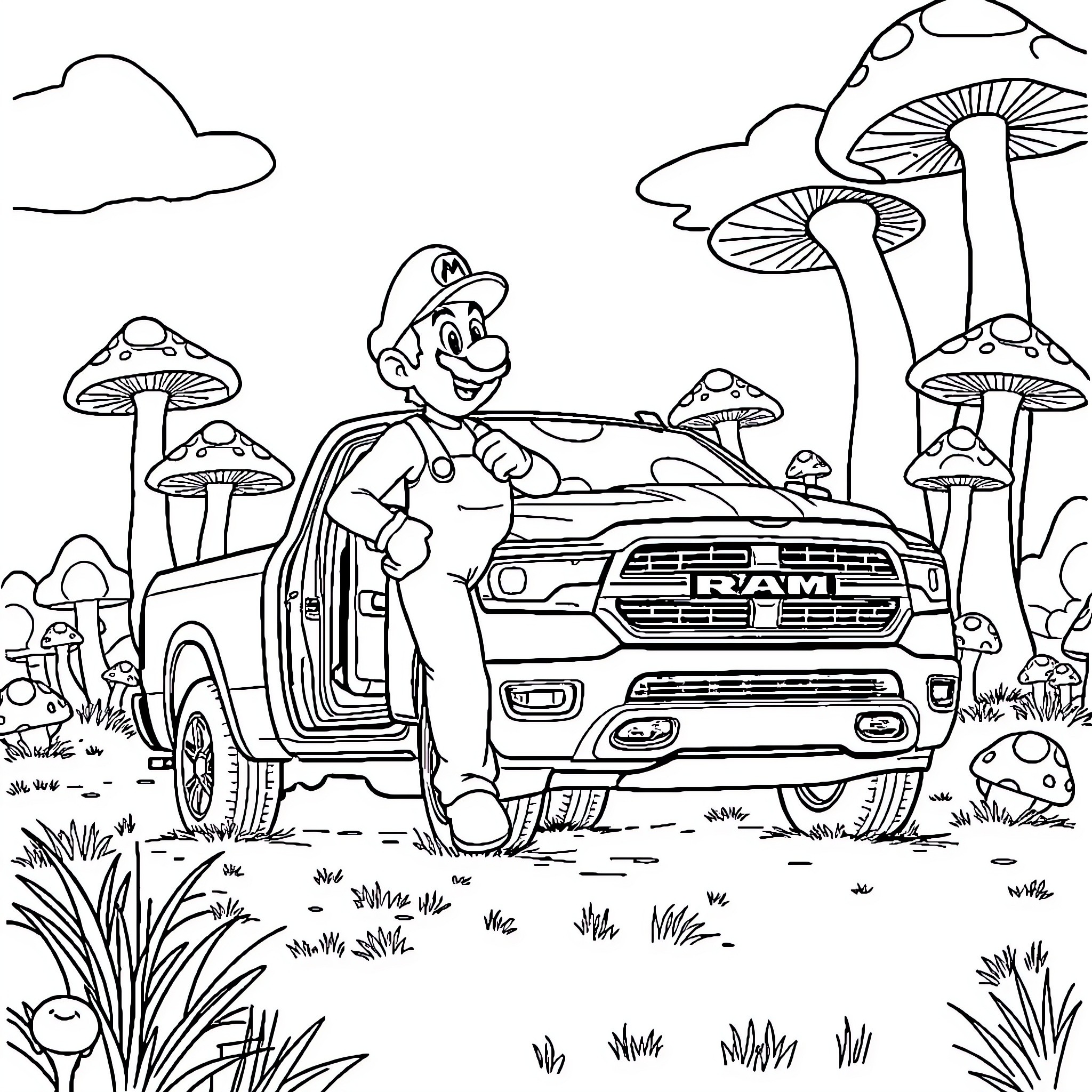Mario exploring a fantastical mushroom kingdom with his truck Coloring Page (free black-and-white line drawing printable PDF for all, from beginners to advanced learners, including children, teens, adults, and seniors)