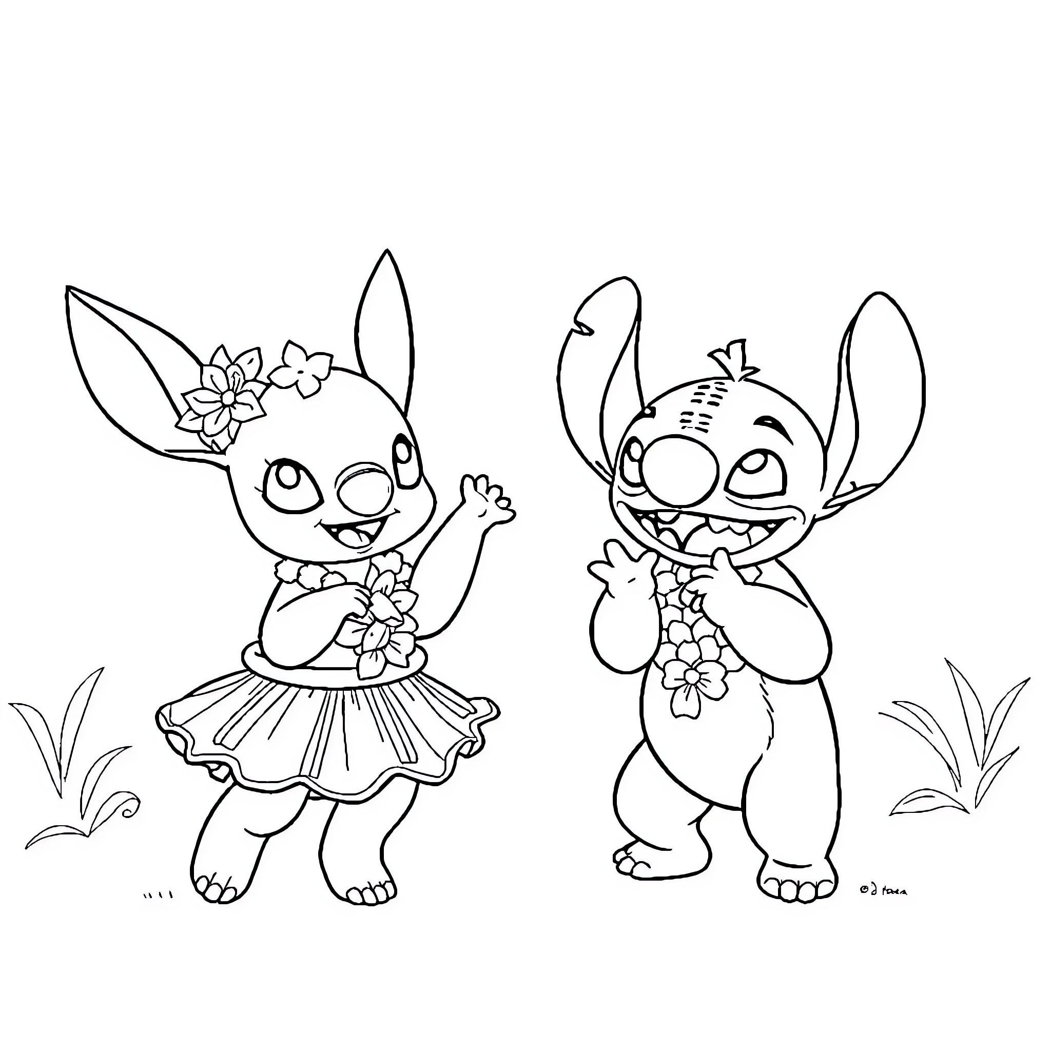Eevee and Stitch playing with flowers in a garden Coloring Page (free black-and-white line drawing printable PDF for all, from beginners to advanced learners, including children, teens, adults, and seniors)