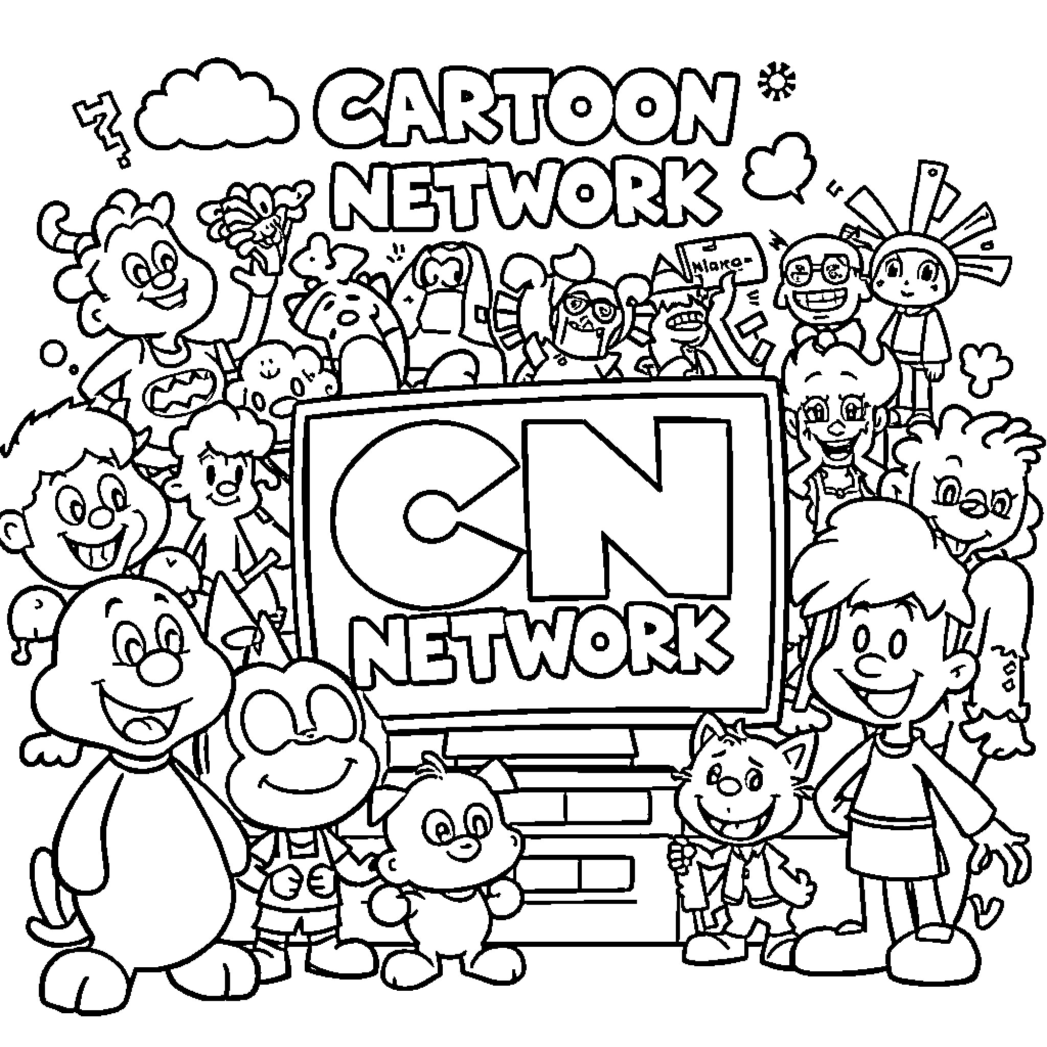 Cartoon Network characters gathered together in a playful scene Coloring Page (free black-and-white line drawing printable PDF for all, from beginners to advanced learners, including children, teens, adults, and seniors)
