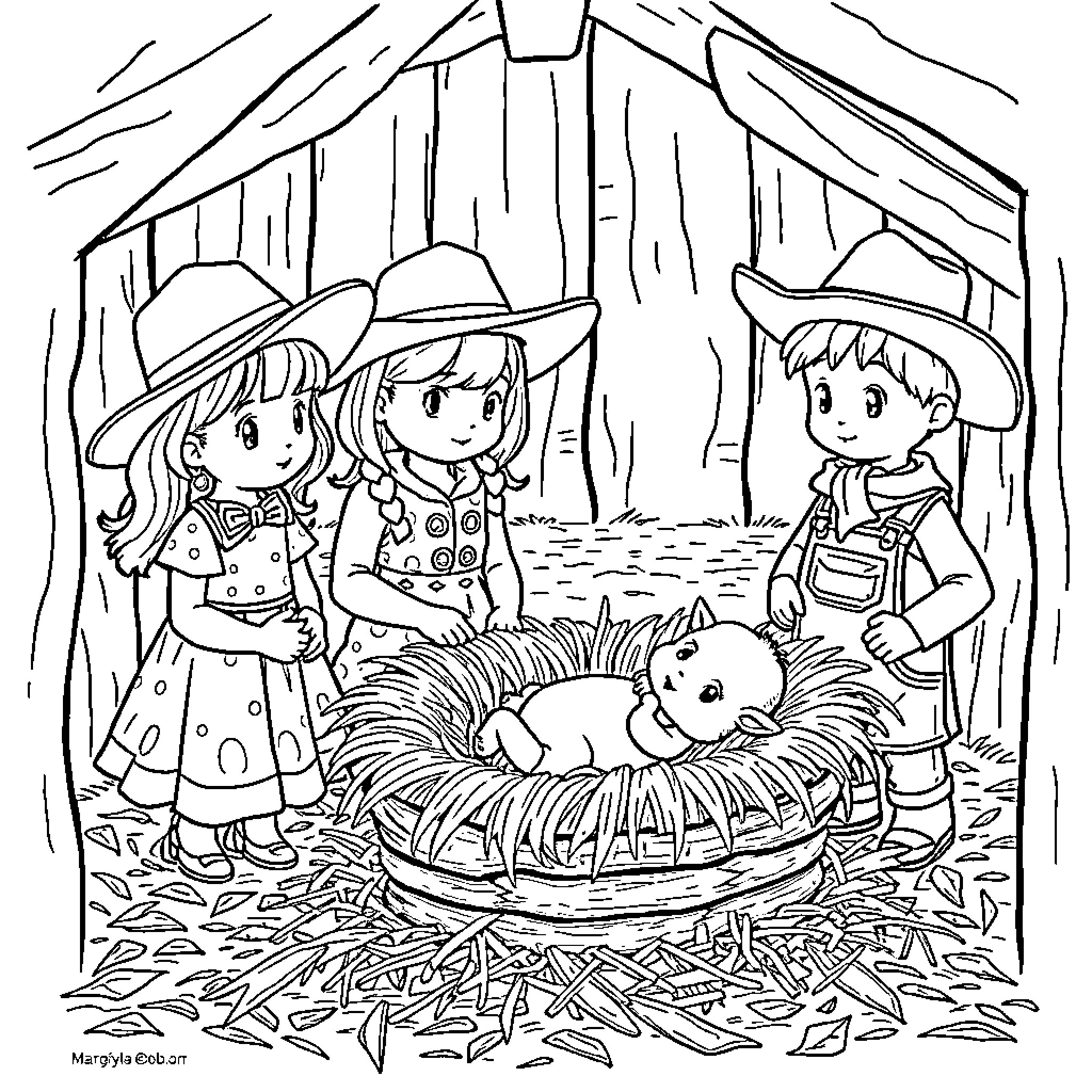 Cowgirls and Cowboy Admiring Baby in Barn Coloring Page (free black-and-white line drawing printable PDF for all, from beginners to advanced learners, including children, teens, adults, and seniors)