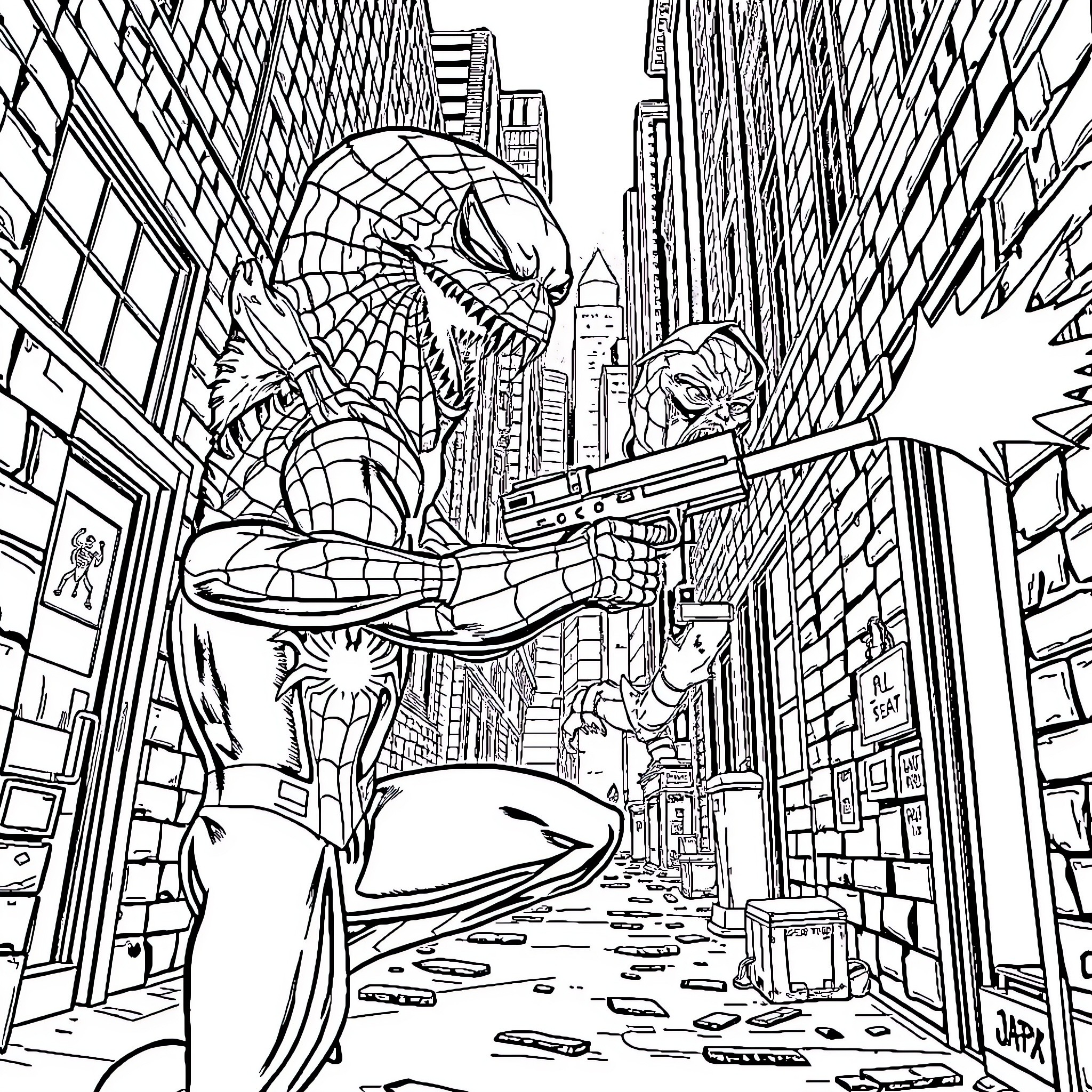Spiderman swinging through the city streets Coloring Page (free black-and-white line drawing printable PDF for all, from beginners to advanced learners, including children, teens, adults, and seniors)