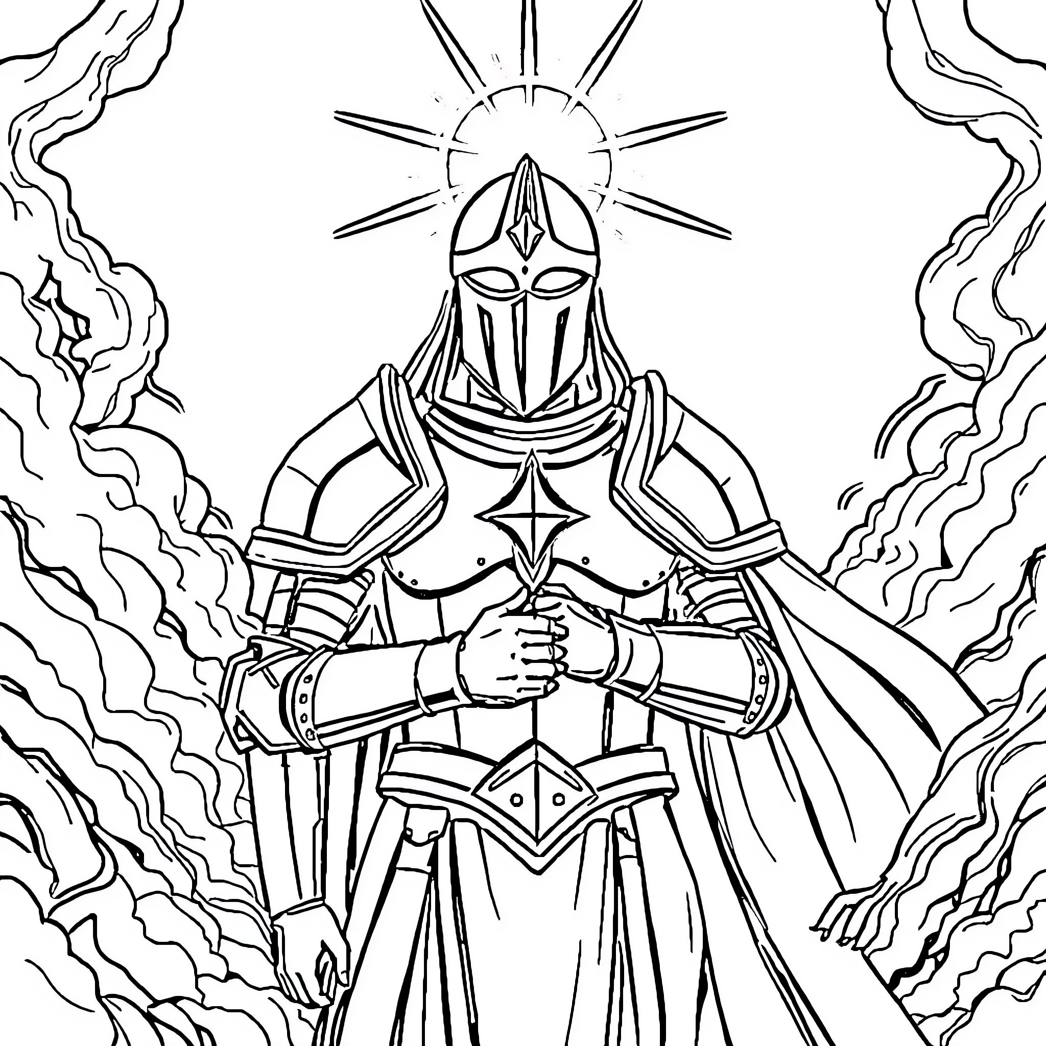 Armor-clad warrior wielding a sword with light emanating Coloring Page (free black-and-white line drawing printable PDF for all, from beginners to advanced learners, including children, teens, adults, and seniors)